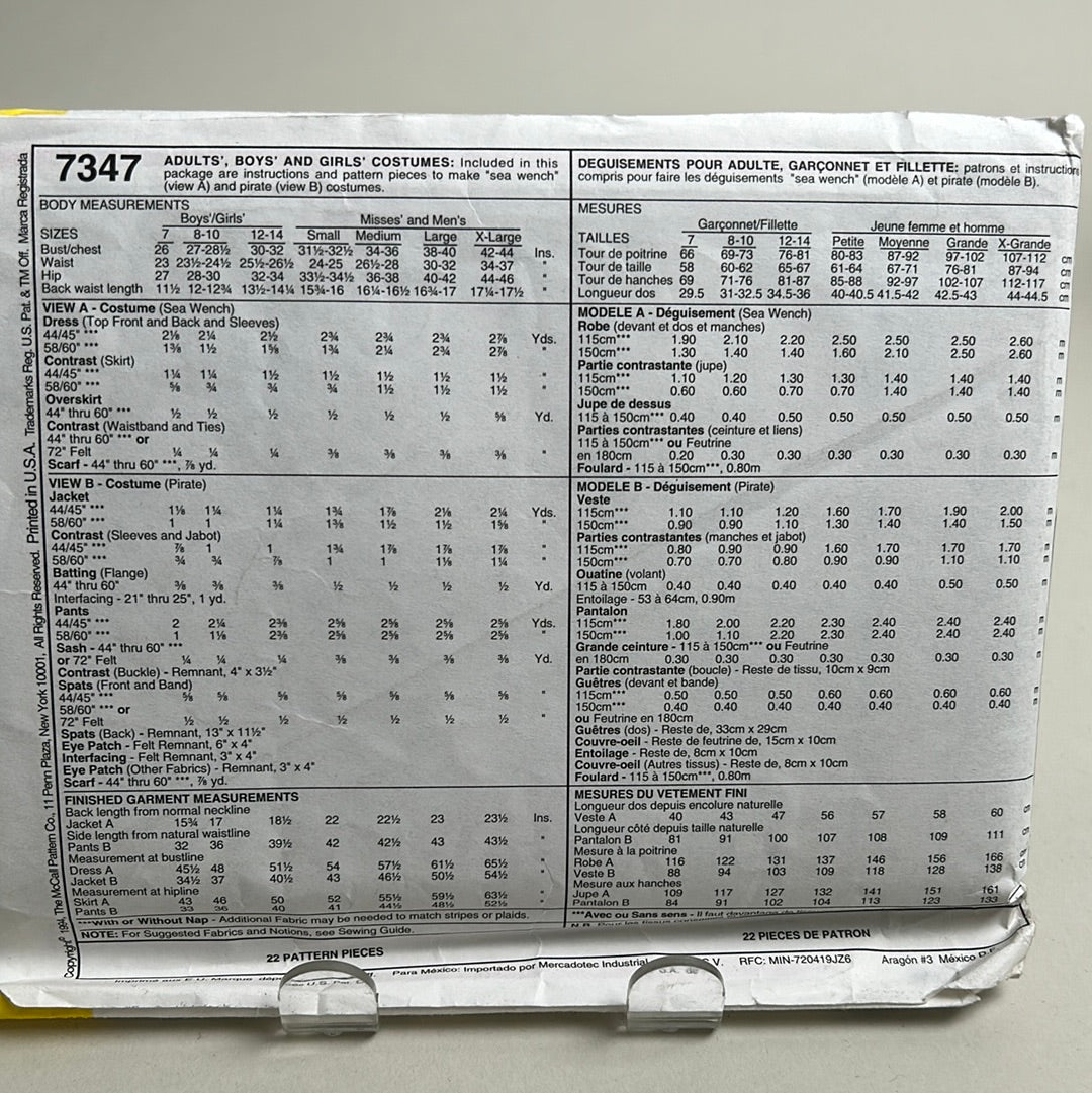 MCCALL'S Pattern Size M, Pirate Costumes (PMC7347)(NPA)