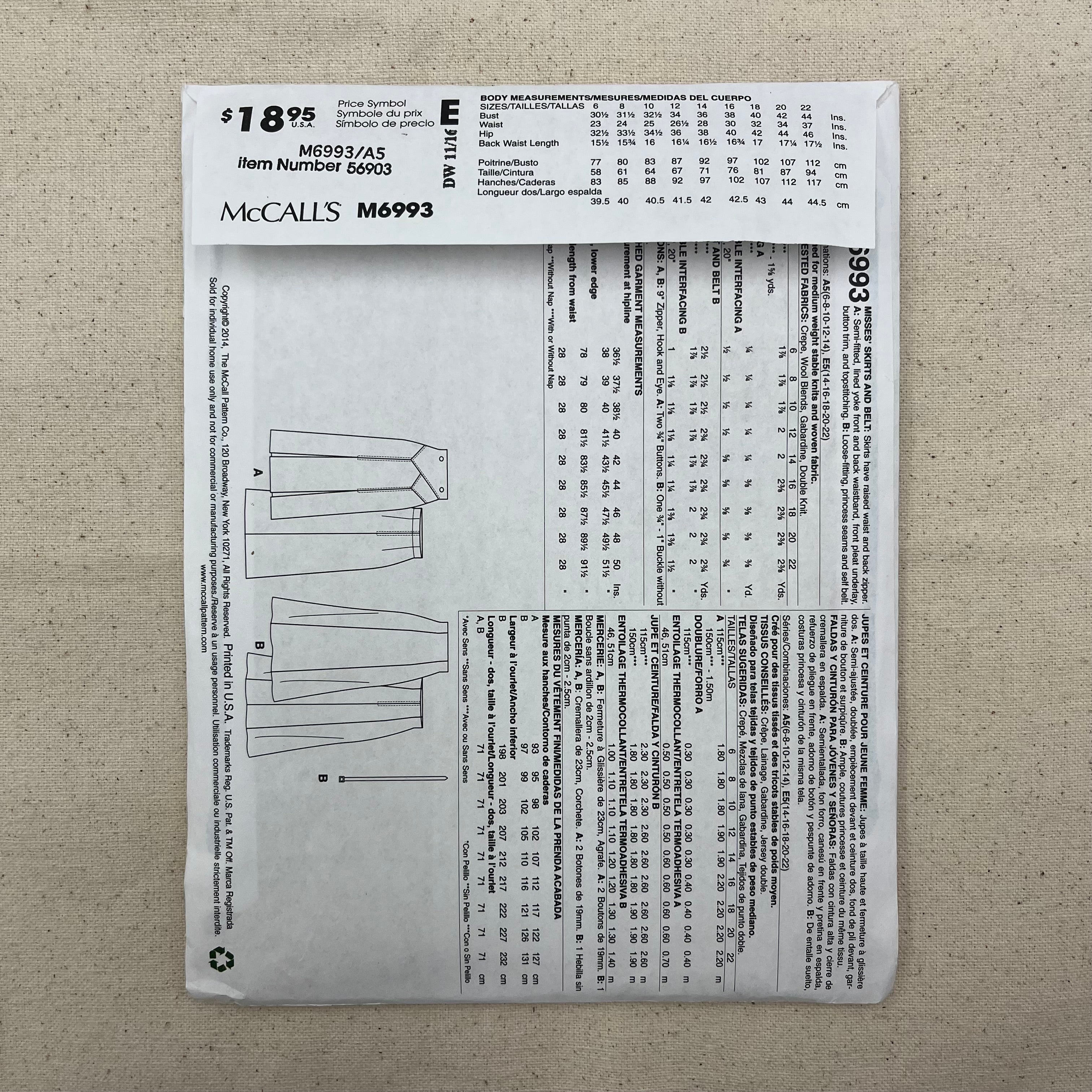 McCall's Pattern - M6993 Skirts & Belt (NPA0490)