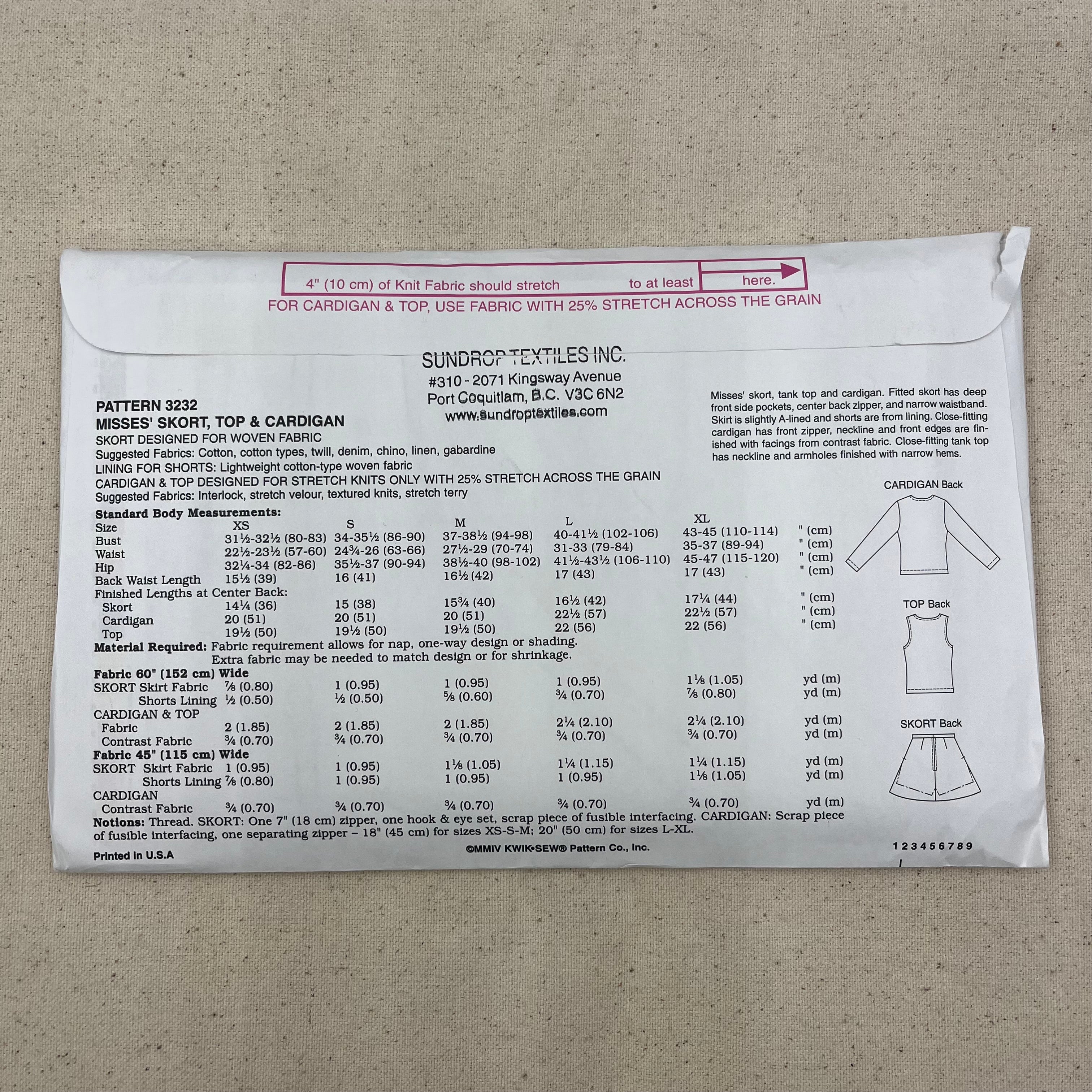 Kwik Sew Pattern - 3232 Skort, Top & Cardigan (NPA0435)