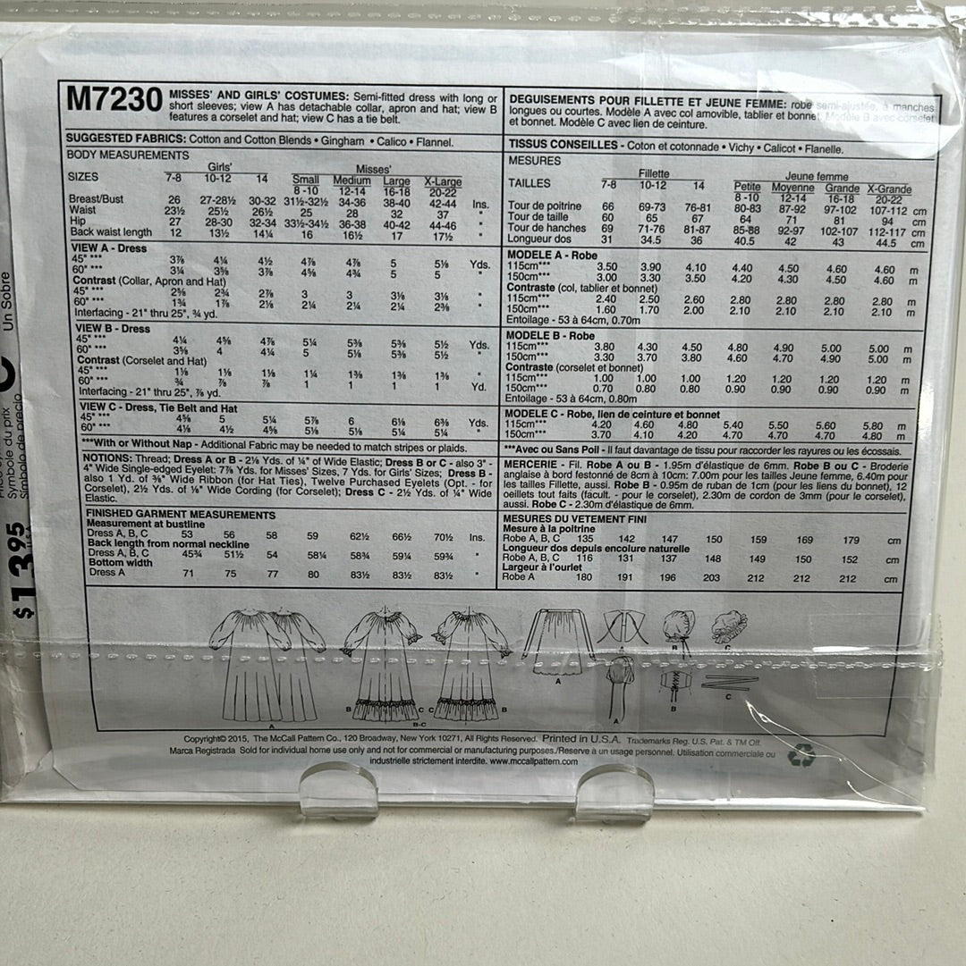 MCCALL'S Kids Pattern, Pilgrim Costumes (PMC7230B)(NPA)