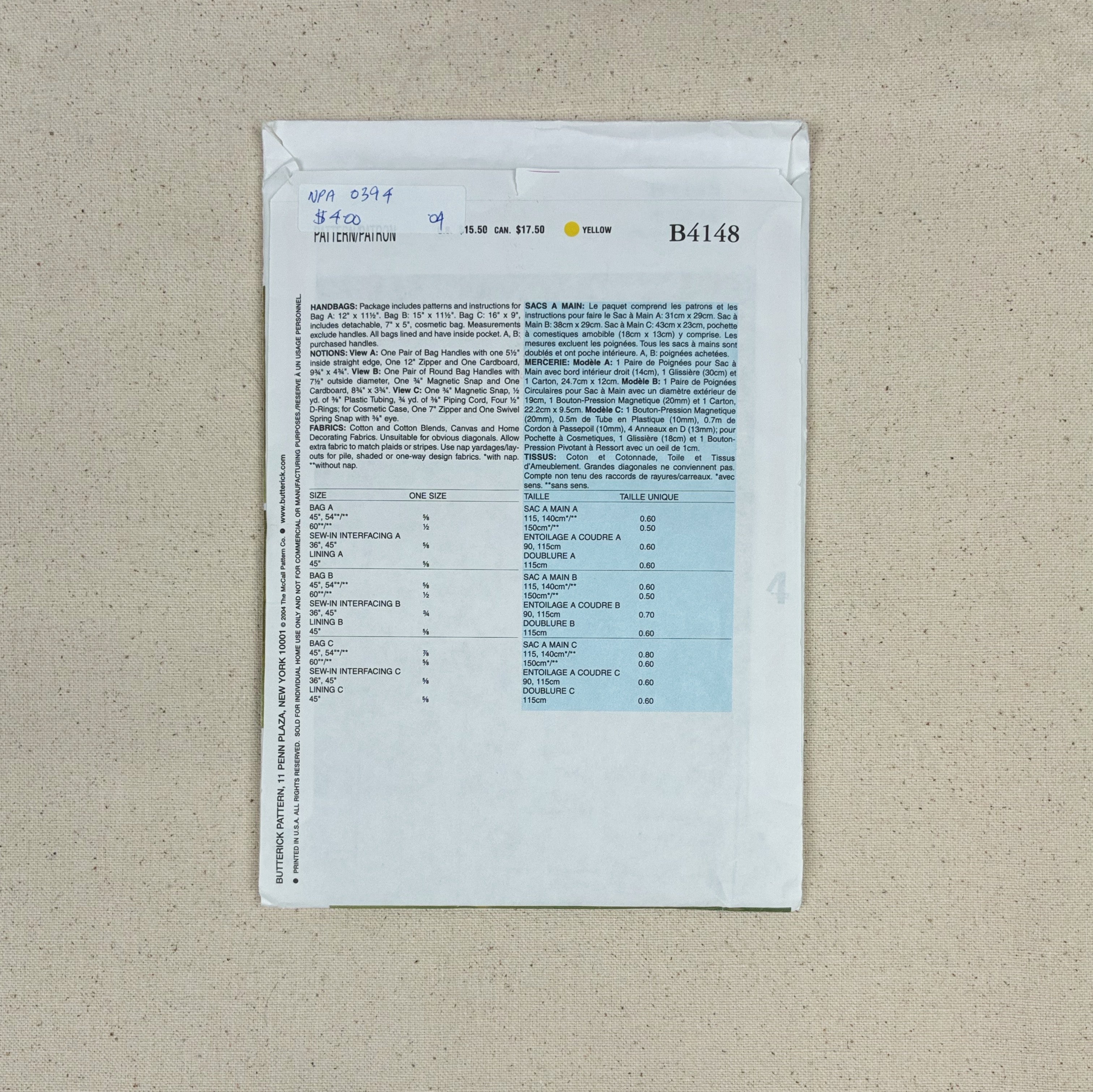 Bag Making Pattern - Butterick B4148 (NPA0443)