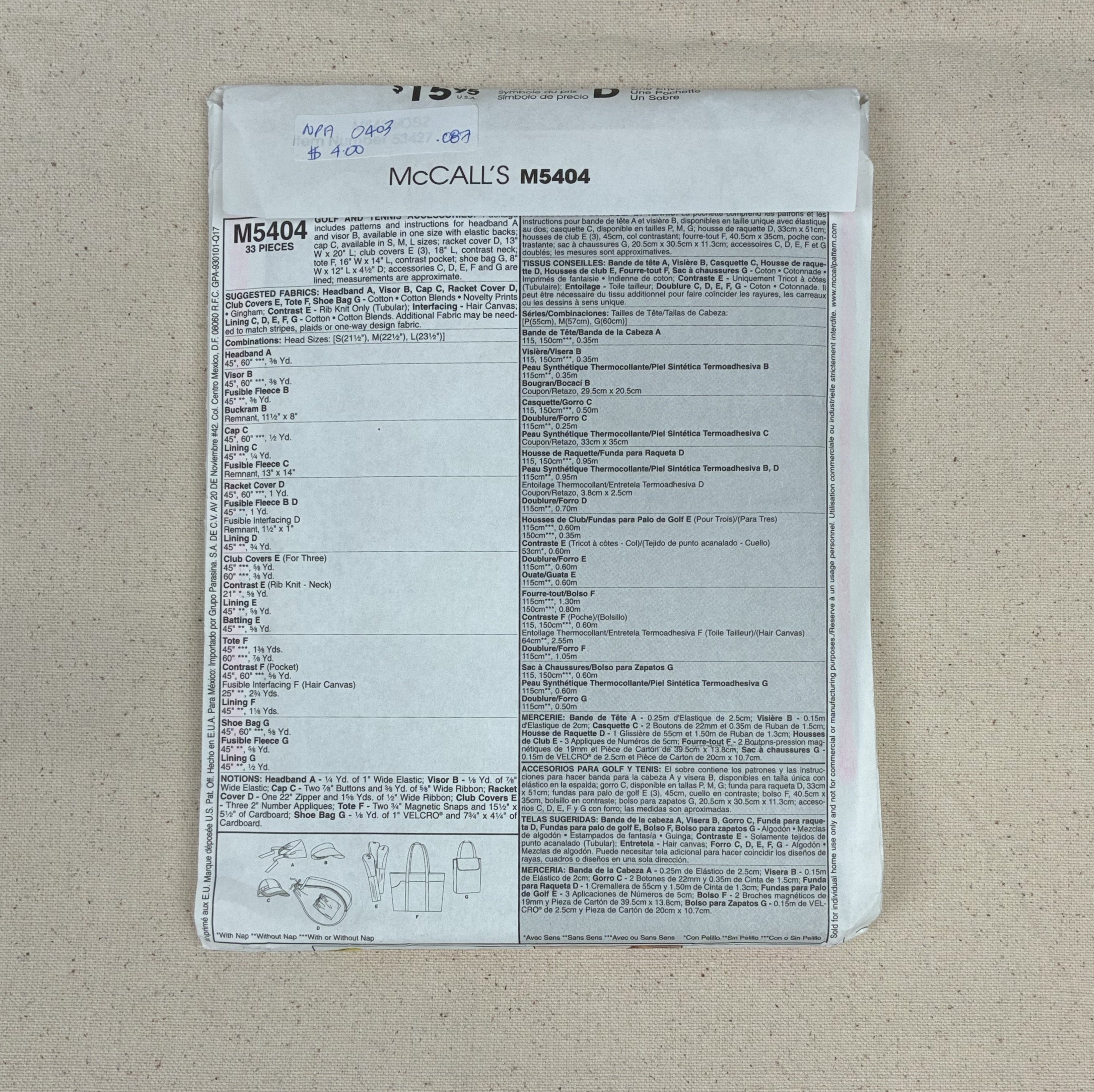 Bag Making Pattern - McCall's M5404 (NPA0452)
