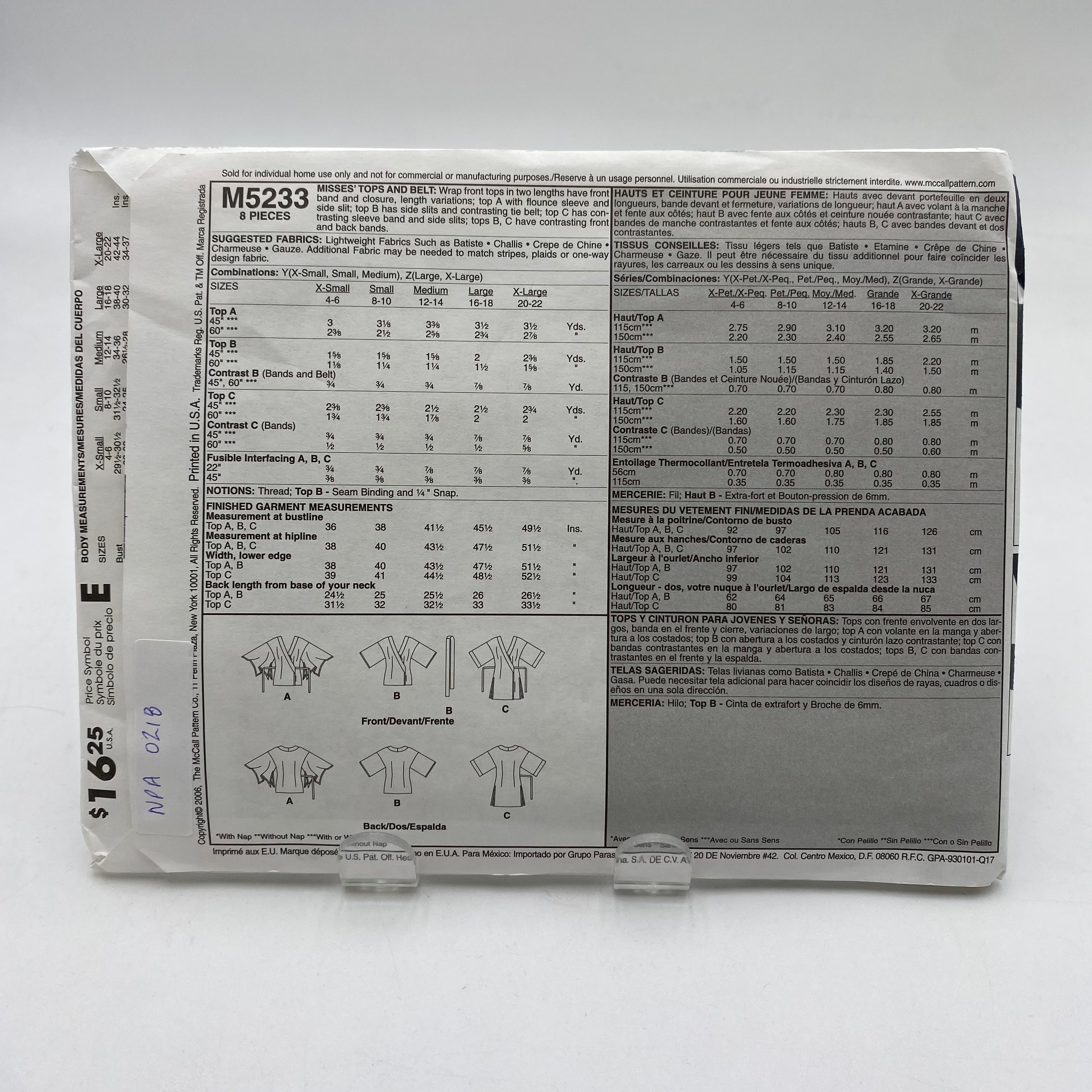 McCalls Pattern - Misses' Tops and Belt M233 (NPA0218)