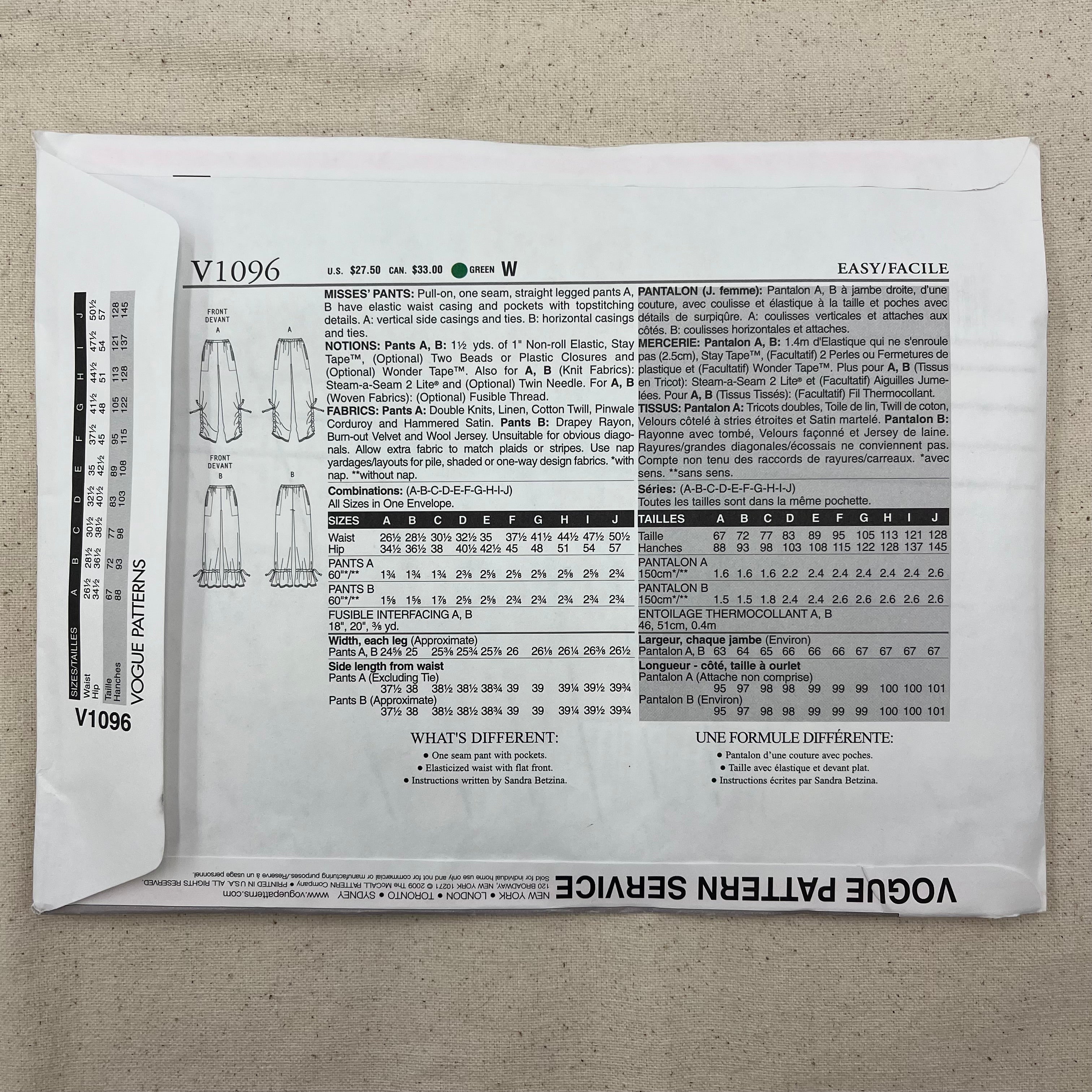 Vogue Pattern - V1096 Pants (NPA0462)