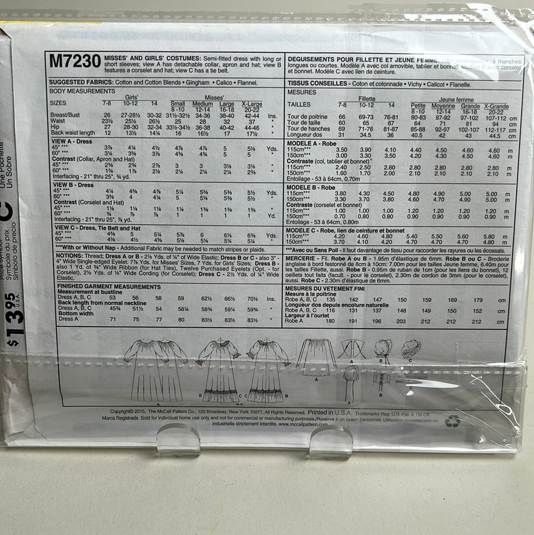 MCCALL'S Kids Pattern, Pilgrim Costumes (PMC7230A)(NPA)