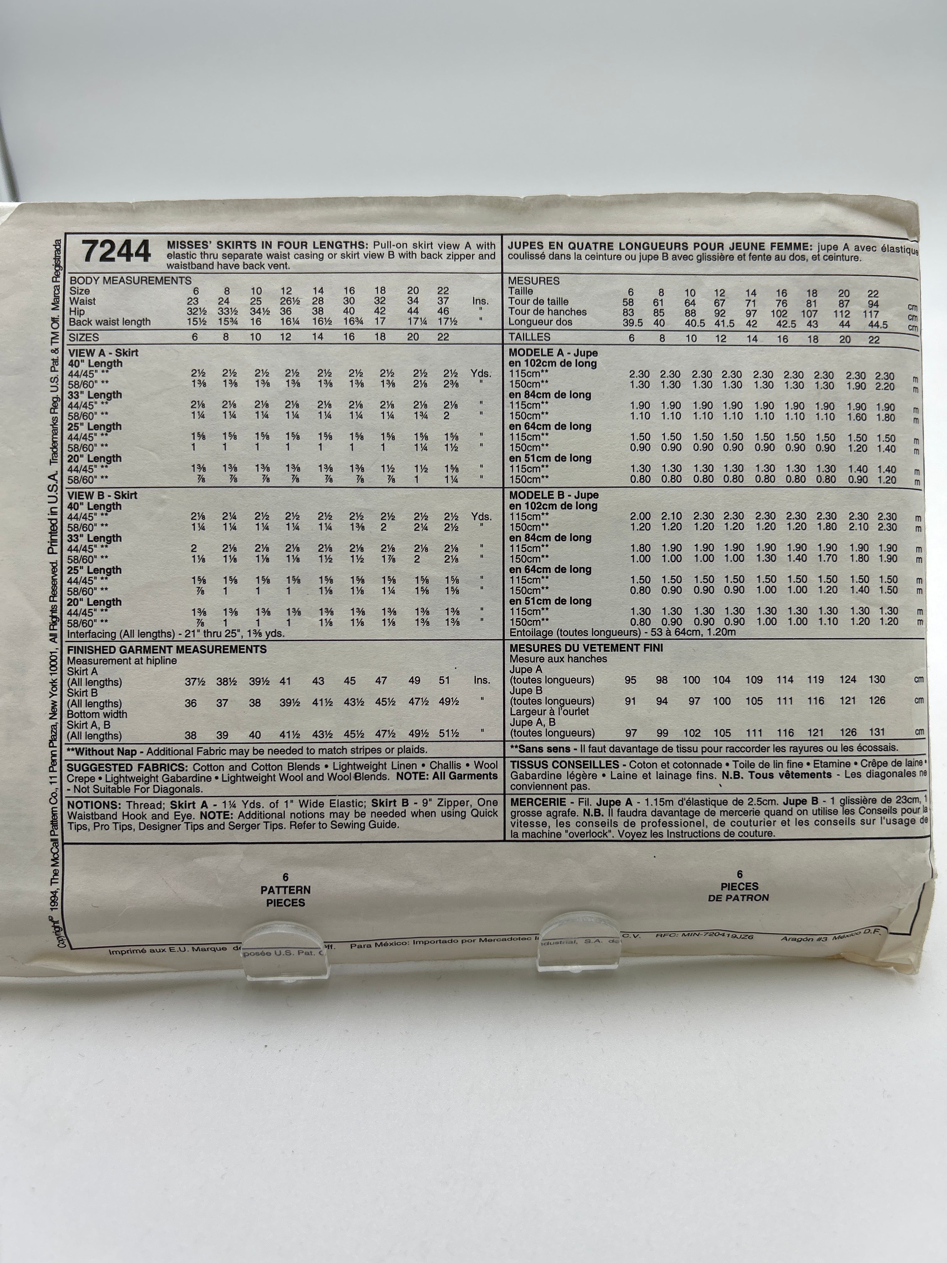 MCCALL'S Pattern Size 6, Misses' Skirts (PMC7244)(NPA)