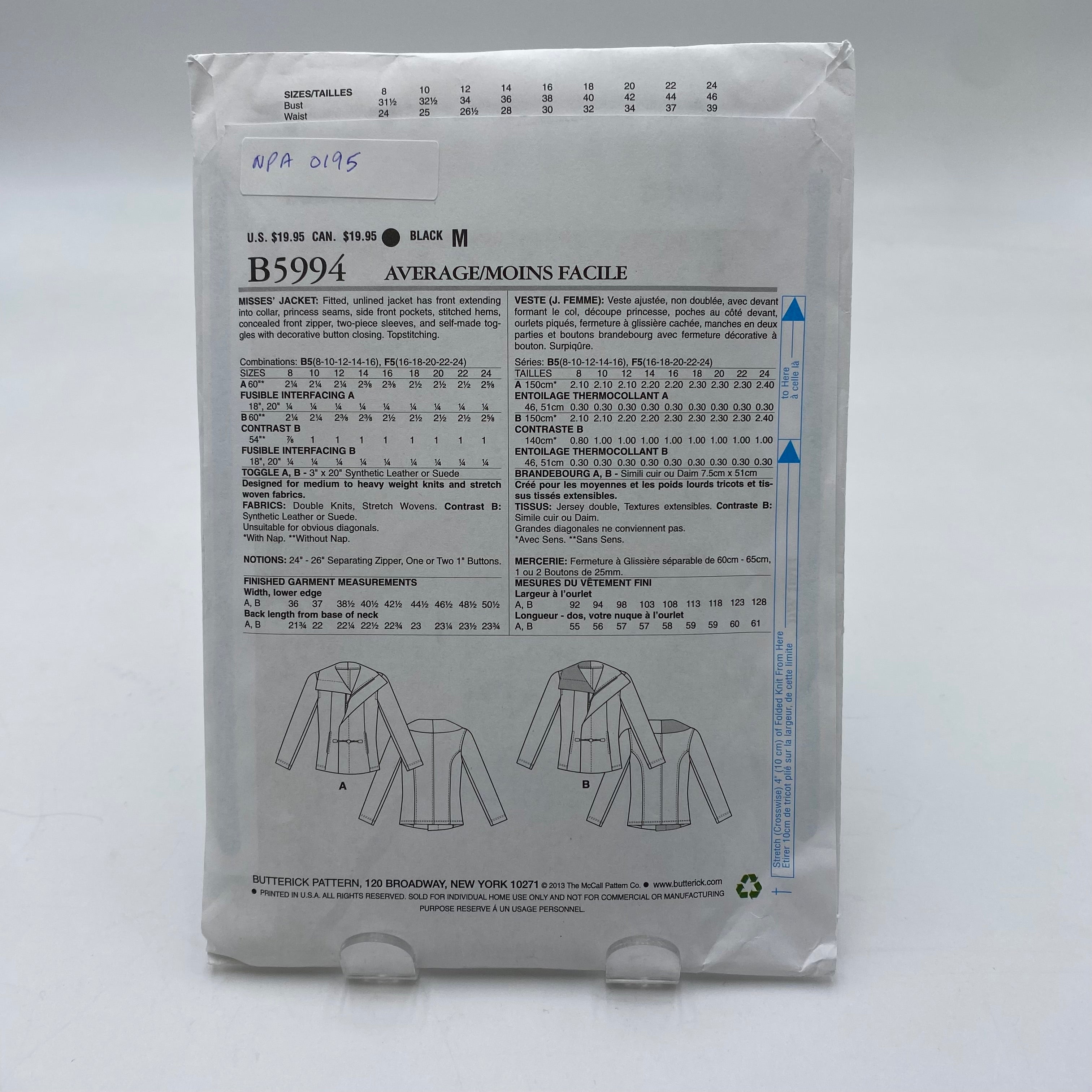 Butterick Pattern - Misses' Jacket B5994 (NPA0195)