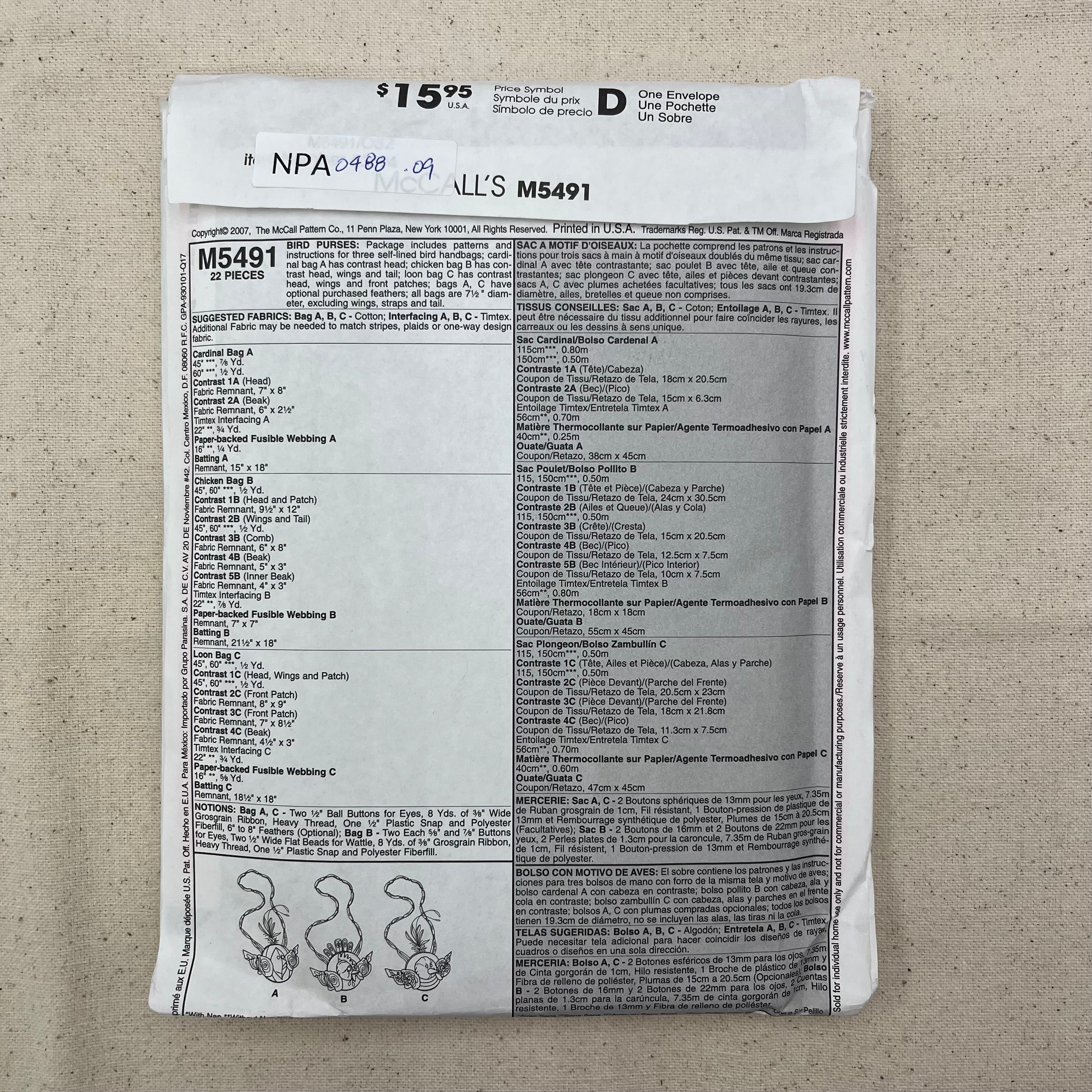 McCall's Pattern - M5491 Bird Purses (NPA0488)