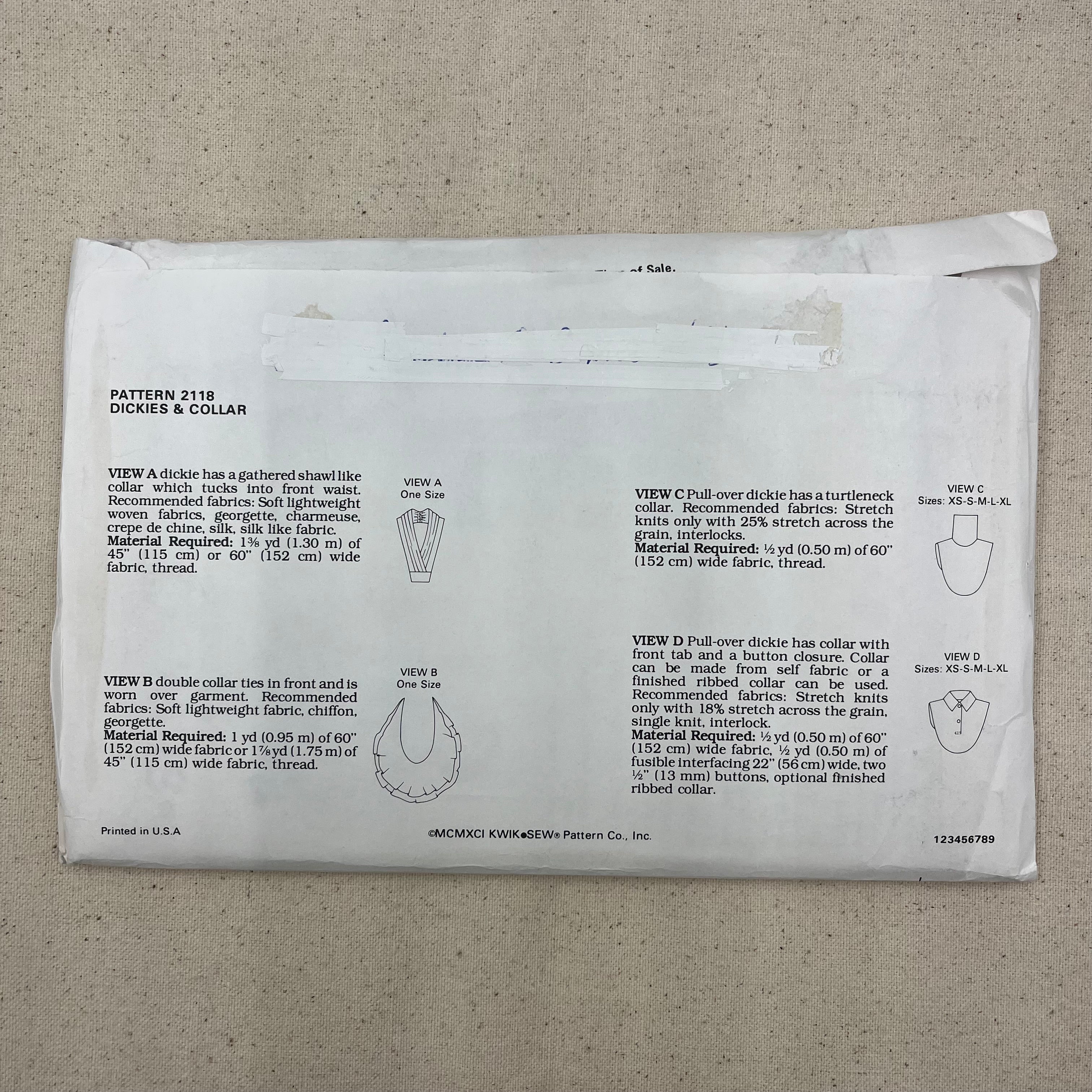 Kwik Sew Pattern - 2118 Dickies & Collar (NPA0422)
