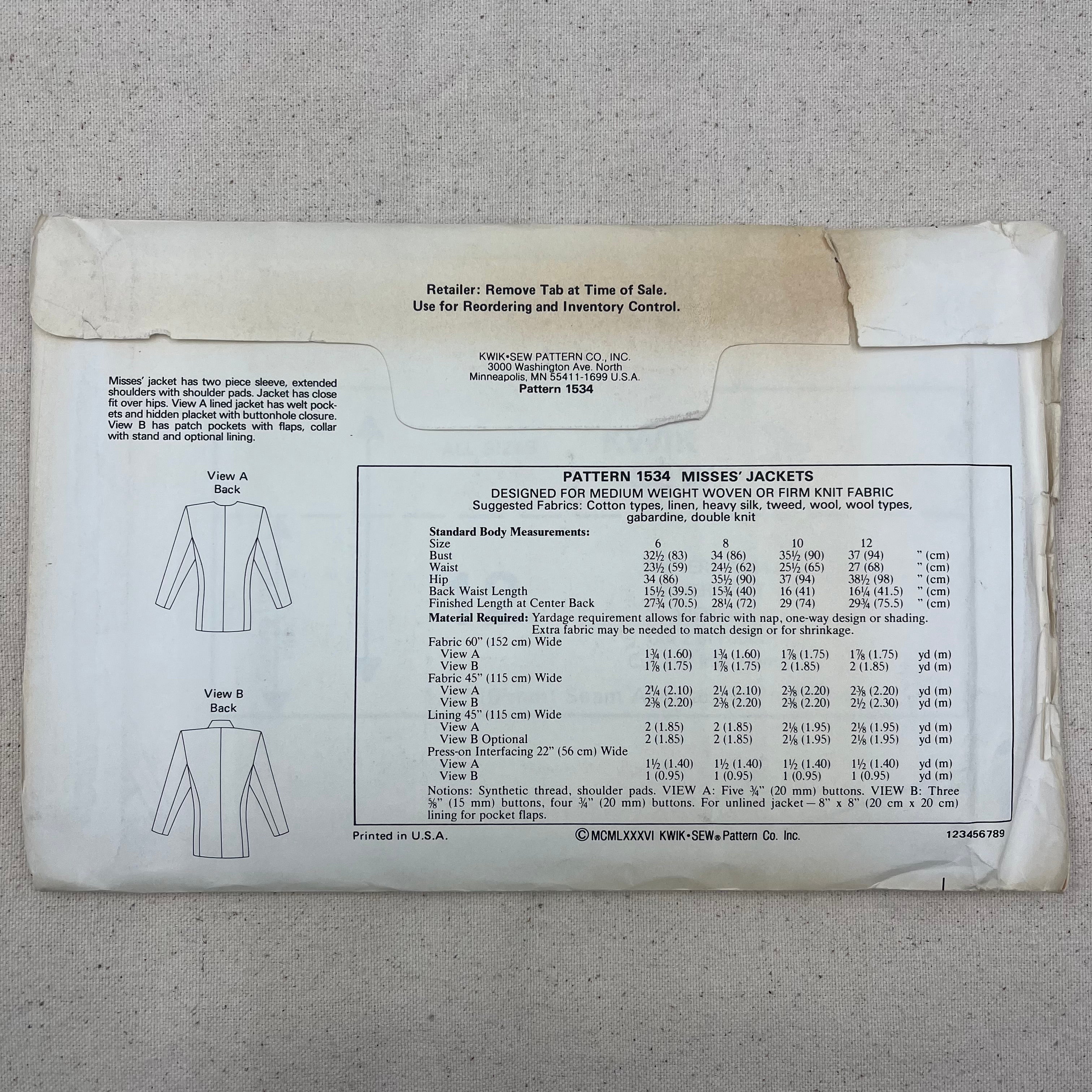 Kwik Sew Pattern - 1534 Jackets (NPA0399)