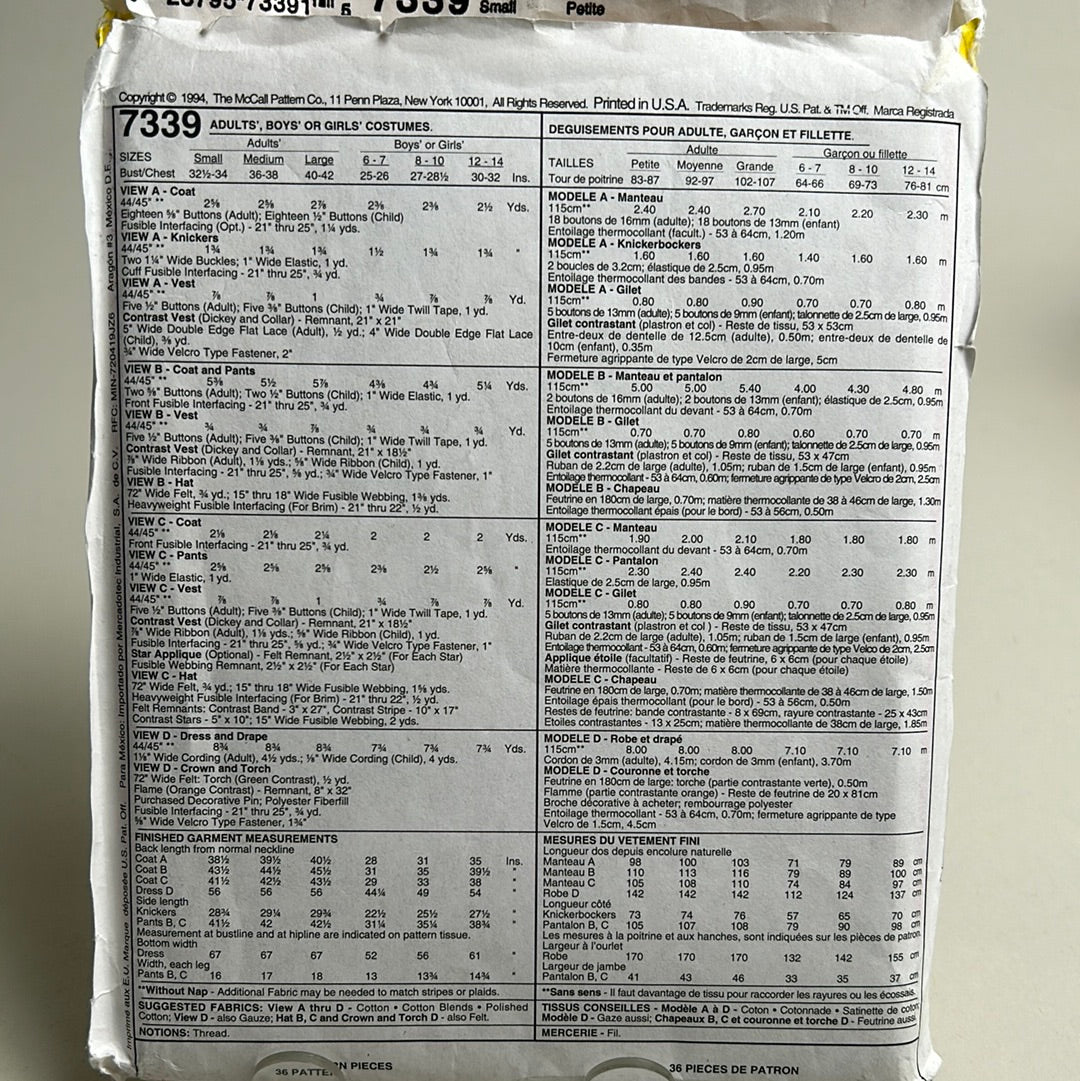 MCCALL'S Pattern Size S, Patriot Costumes (PMC7339)(NPA)