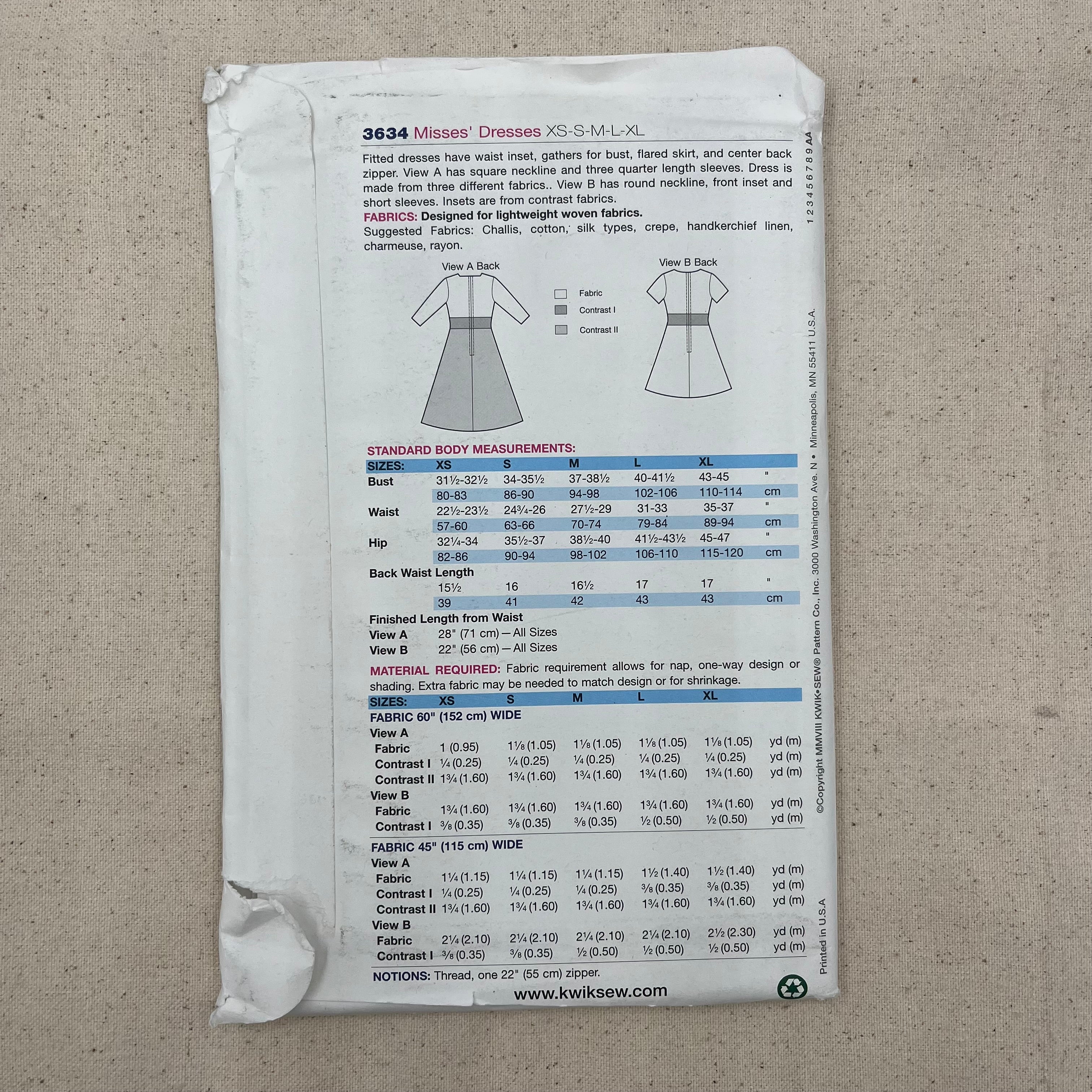 Kwik Sew Pattern - 3634 Dresses (NPA0441)