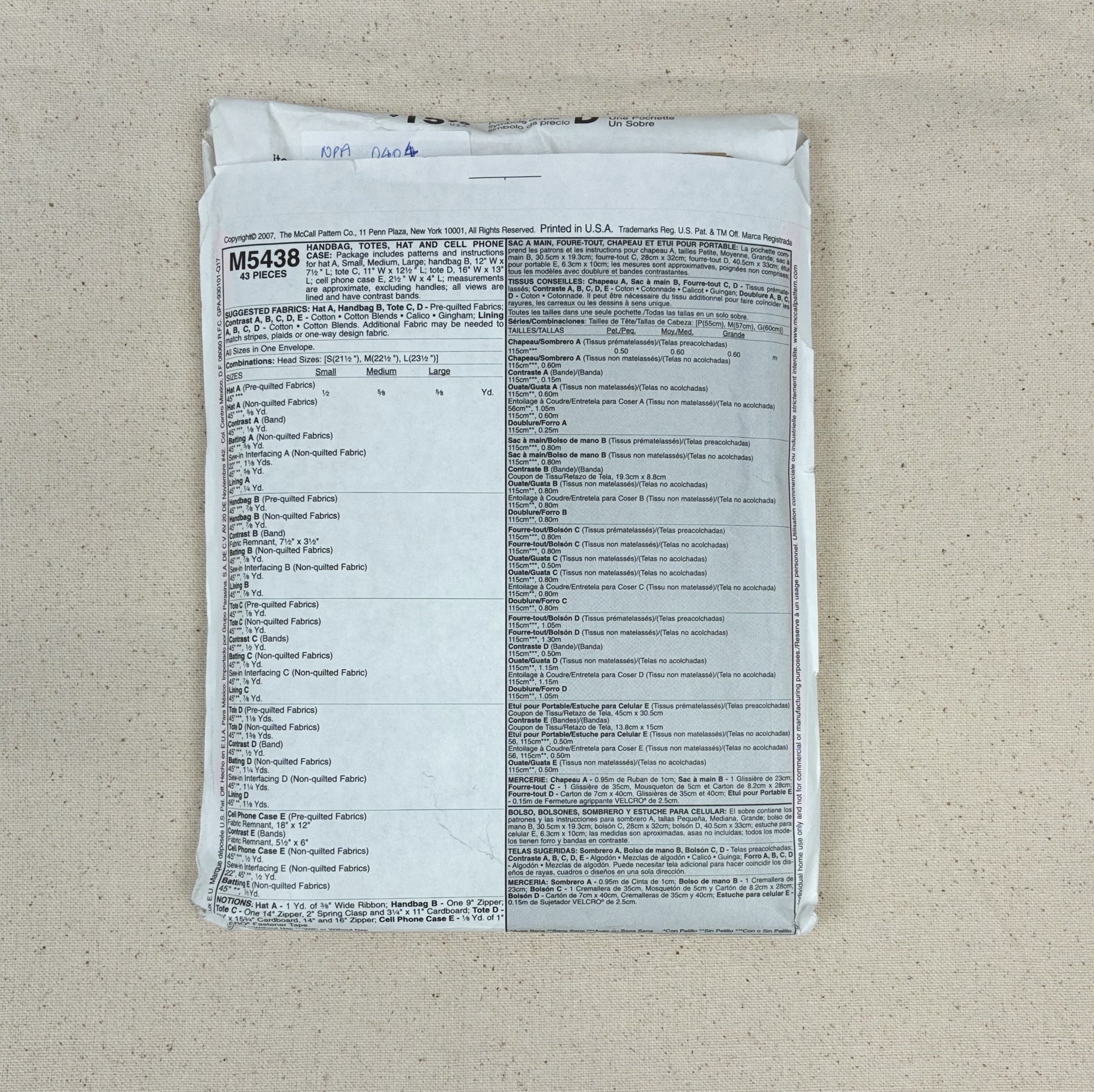 Bag Making Pattern - McCall's M5438 (NPA0453)