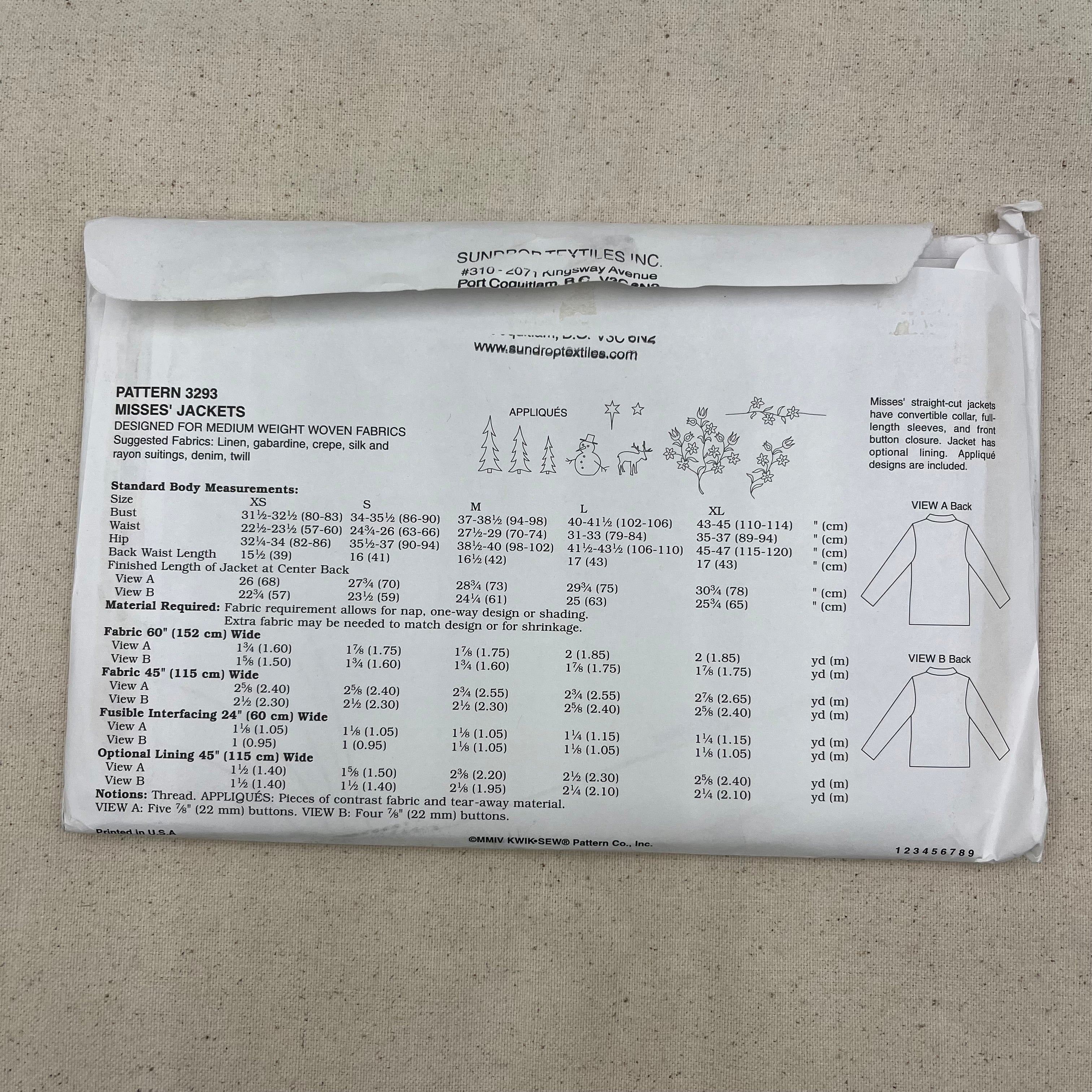Kwik Sew Pattern - 3293 Jackets (NPA0438)