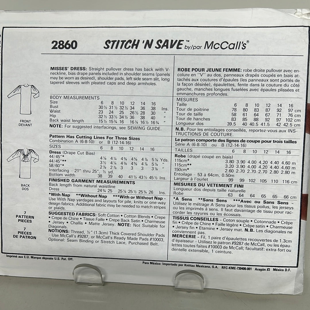 Vintage MCCALL'S Pattern Size 12-14-16, Misses' Dress (PMC2860)(NPA)