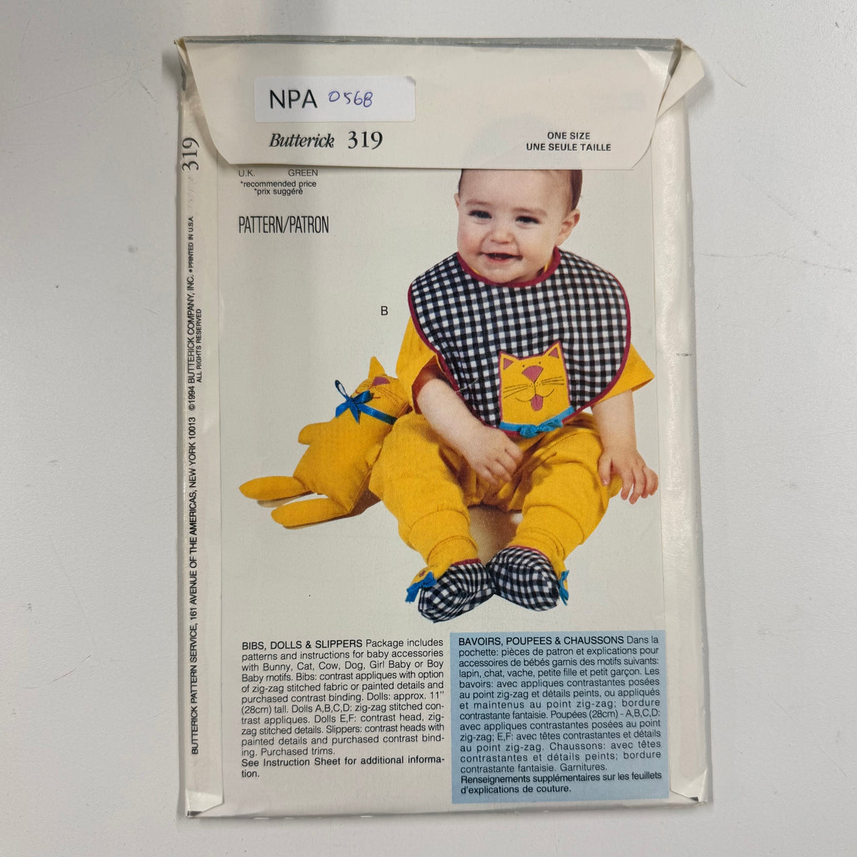 Butterick Craft Pattern - 319 Bibs, Dolls & Slippers (NPA0568)