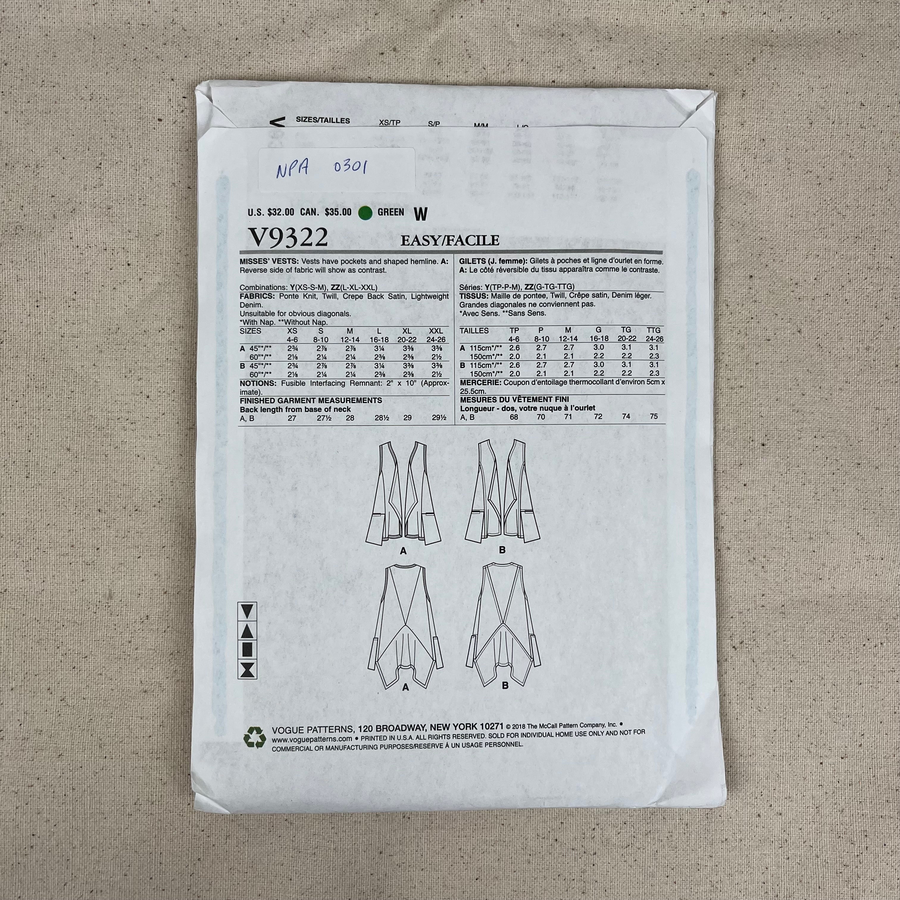 Vogue Pattern - V9322 Vests (NPA0301)