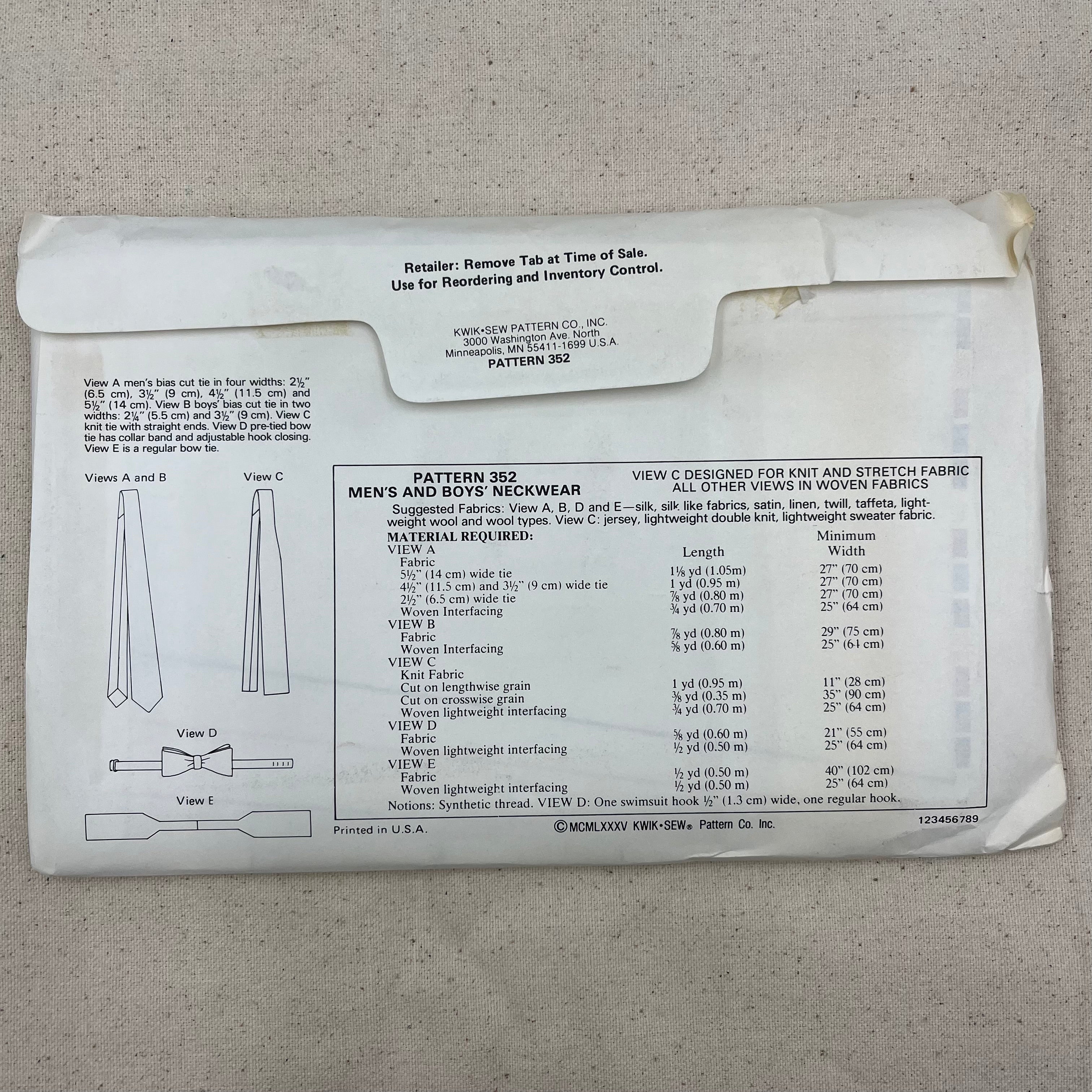 Kwik Sew Pattern - 352 Ties & Neckwear (NPA0394)