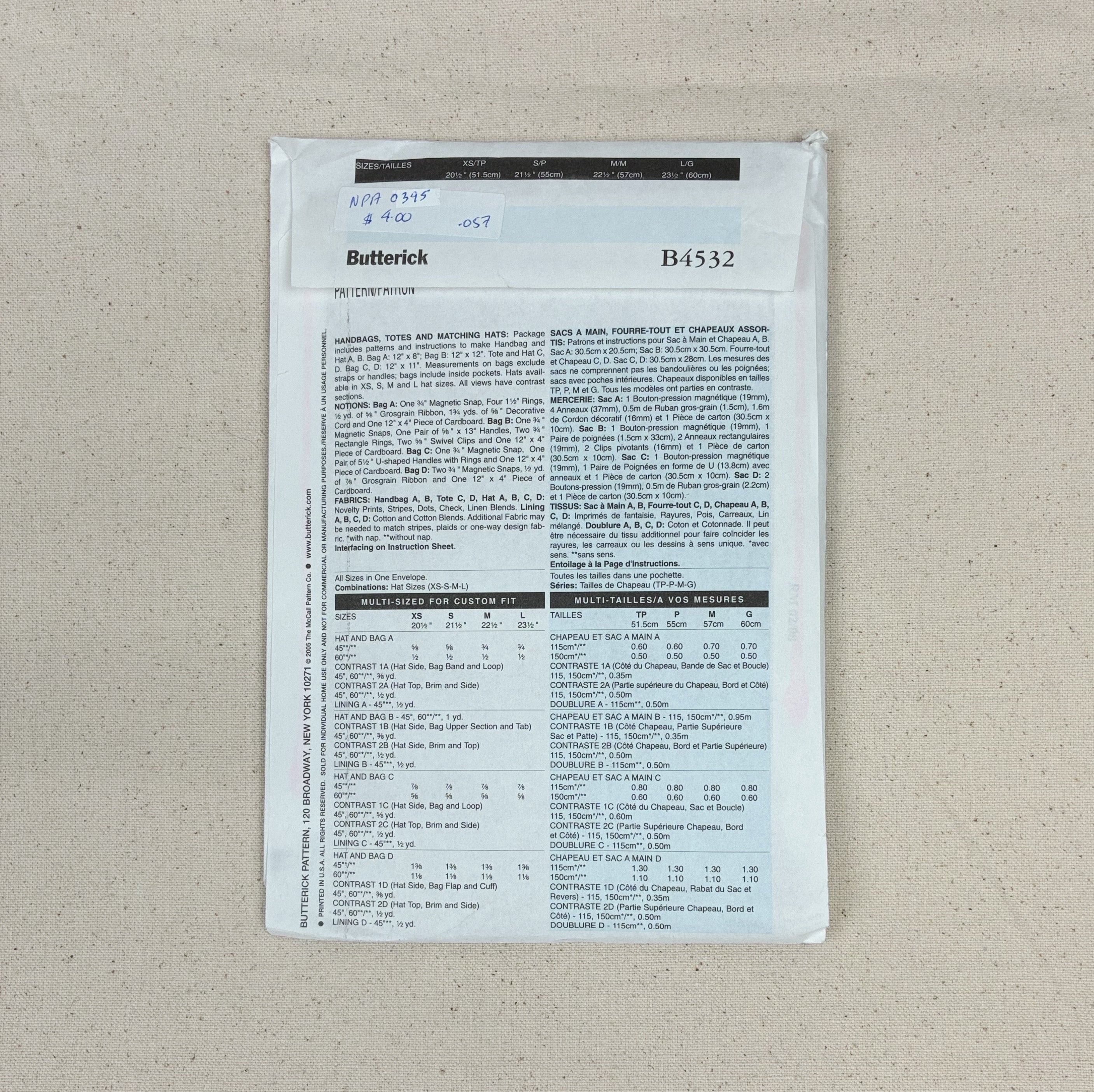 Bag Making Pattern - Butterick B4532 (NPA0444)