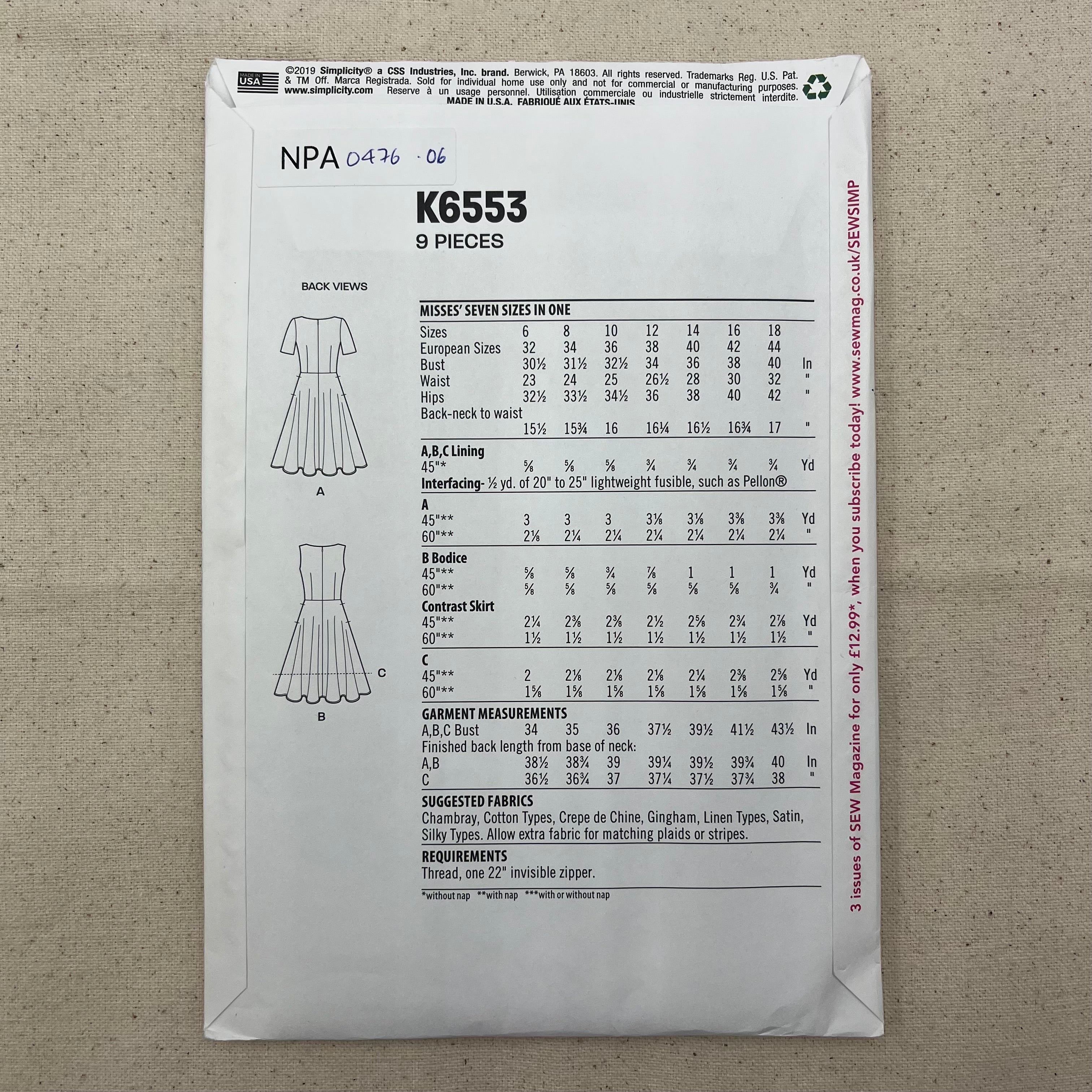 New Look Pattern - K6553 Dress (NPA0476)