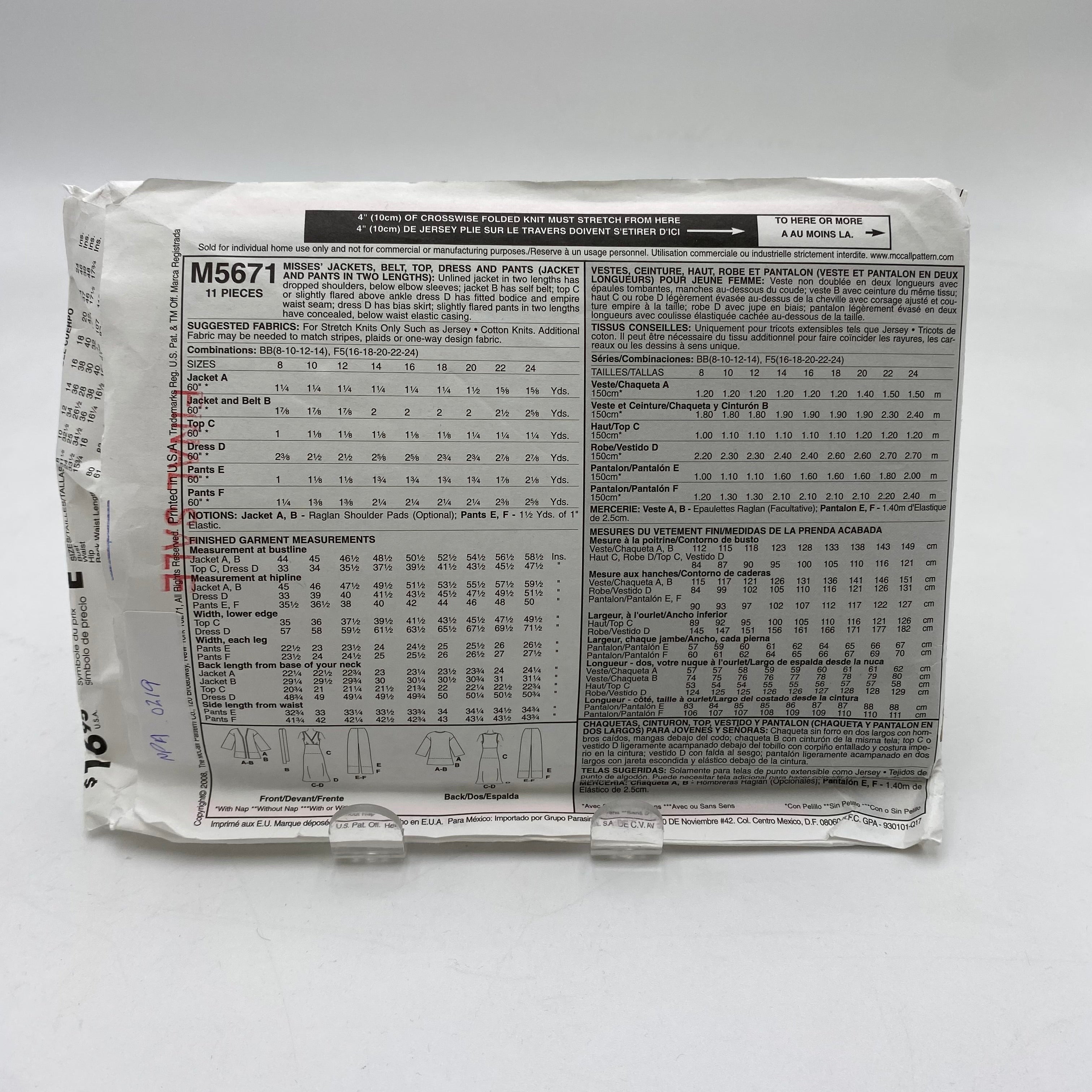 McCalls Pattern - Misses' Jackets, Belt, Top, Dress and Pants M5671 (NPA0219)