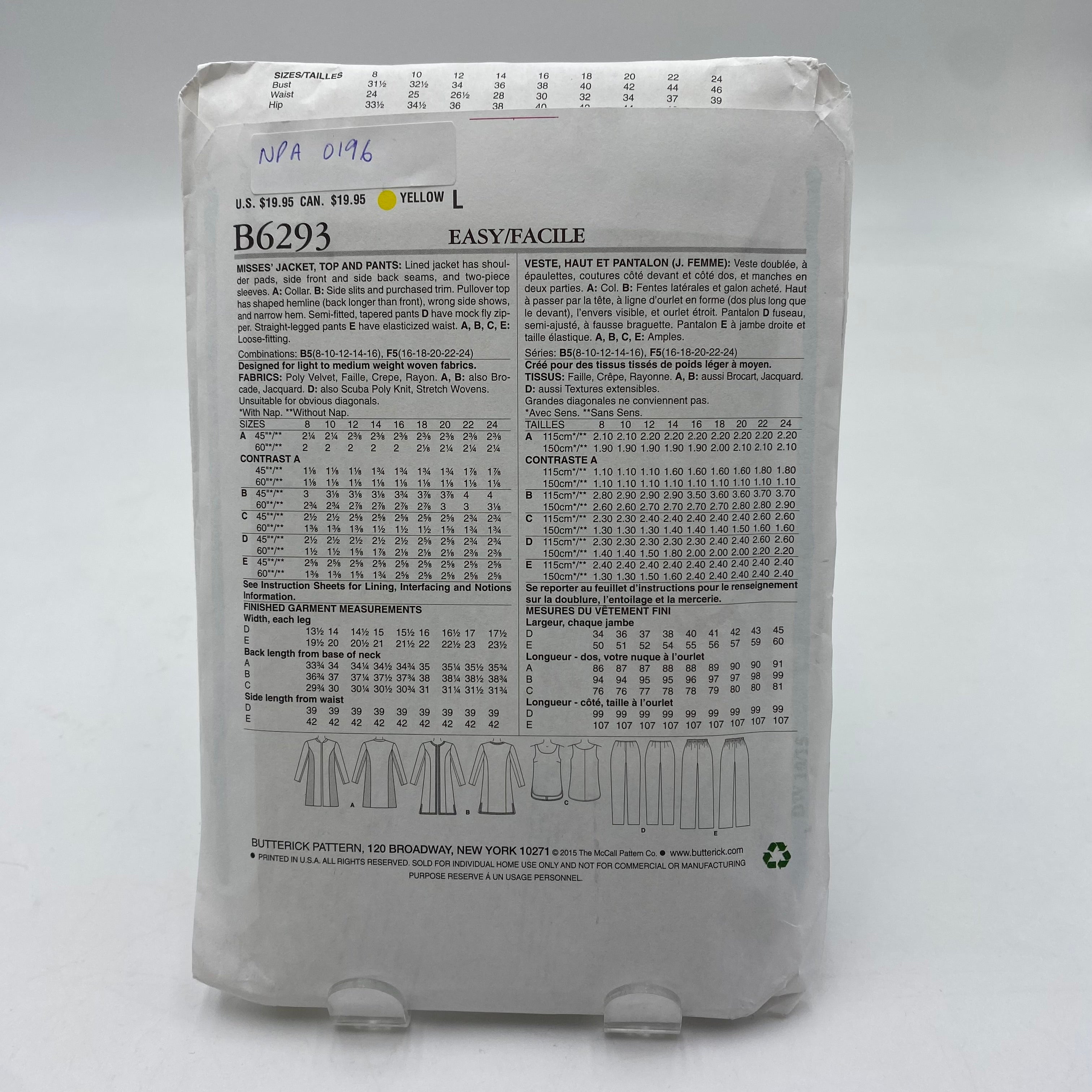 Butterick Pattern - Misses' Jacket, Top and Pants B6293 (NPA0196)