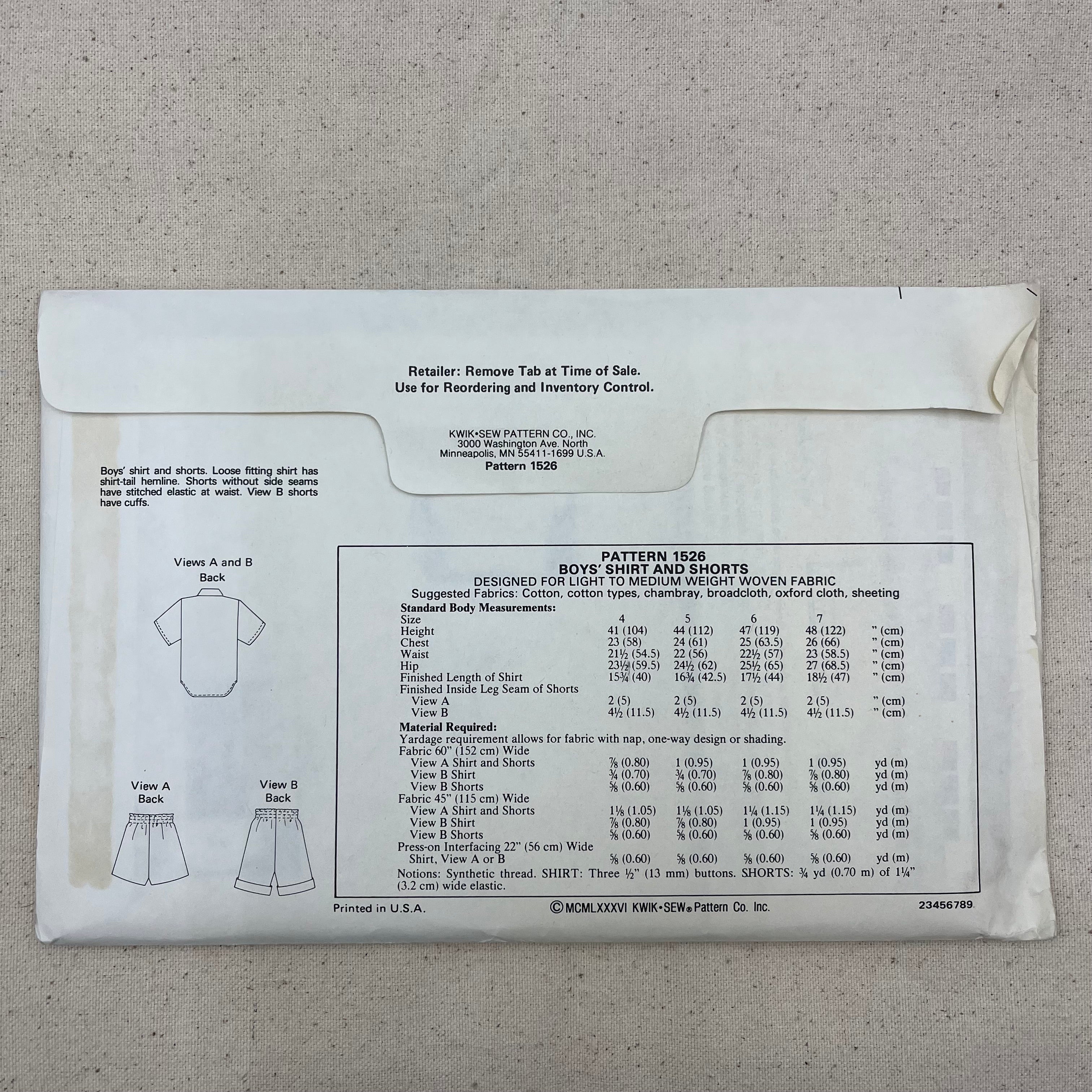 Kwik Sew Pattern - 1526 Kids Shirt & Shorts (NPA0398)