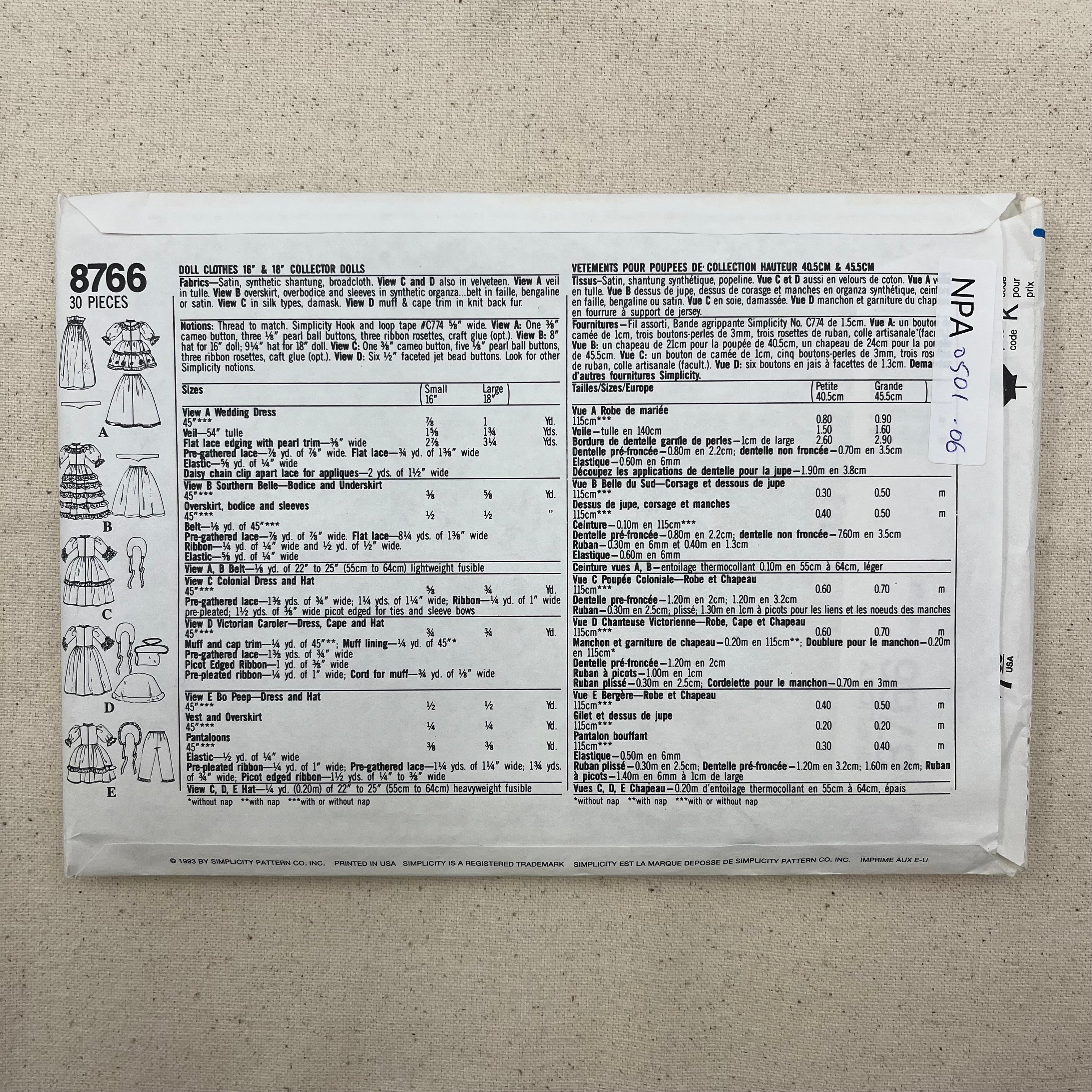Simplicity Pattern - 8766 Doll Clothes (NPA0501)