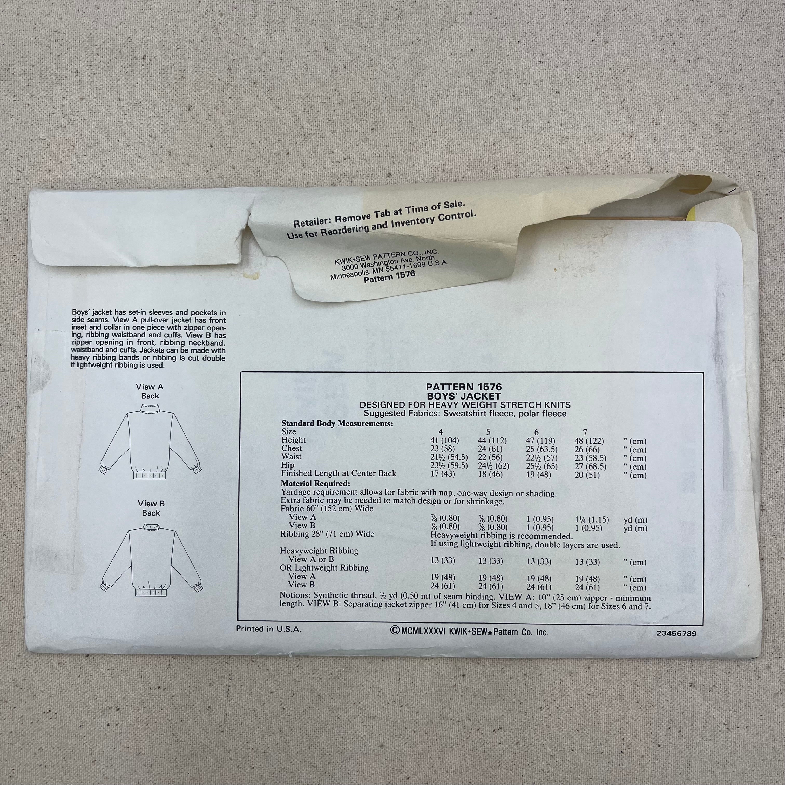 Kwik Sew Pattern - 1576 Kids Jacket (NPA0406)