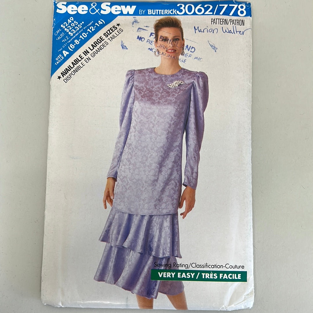 Vintage BUTTERICK See & Sew Pattern Size 6-8-10-12-14, Misses' Top & Skirt (PBT3062)(NPA)