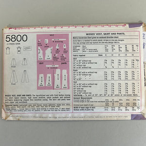 SIMPLICITY Vintage Pattern, Misses' Vest, Skirt & Pants (PSI5800)