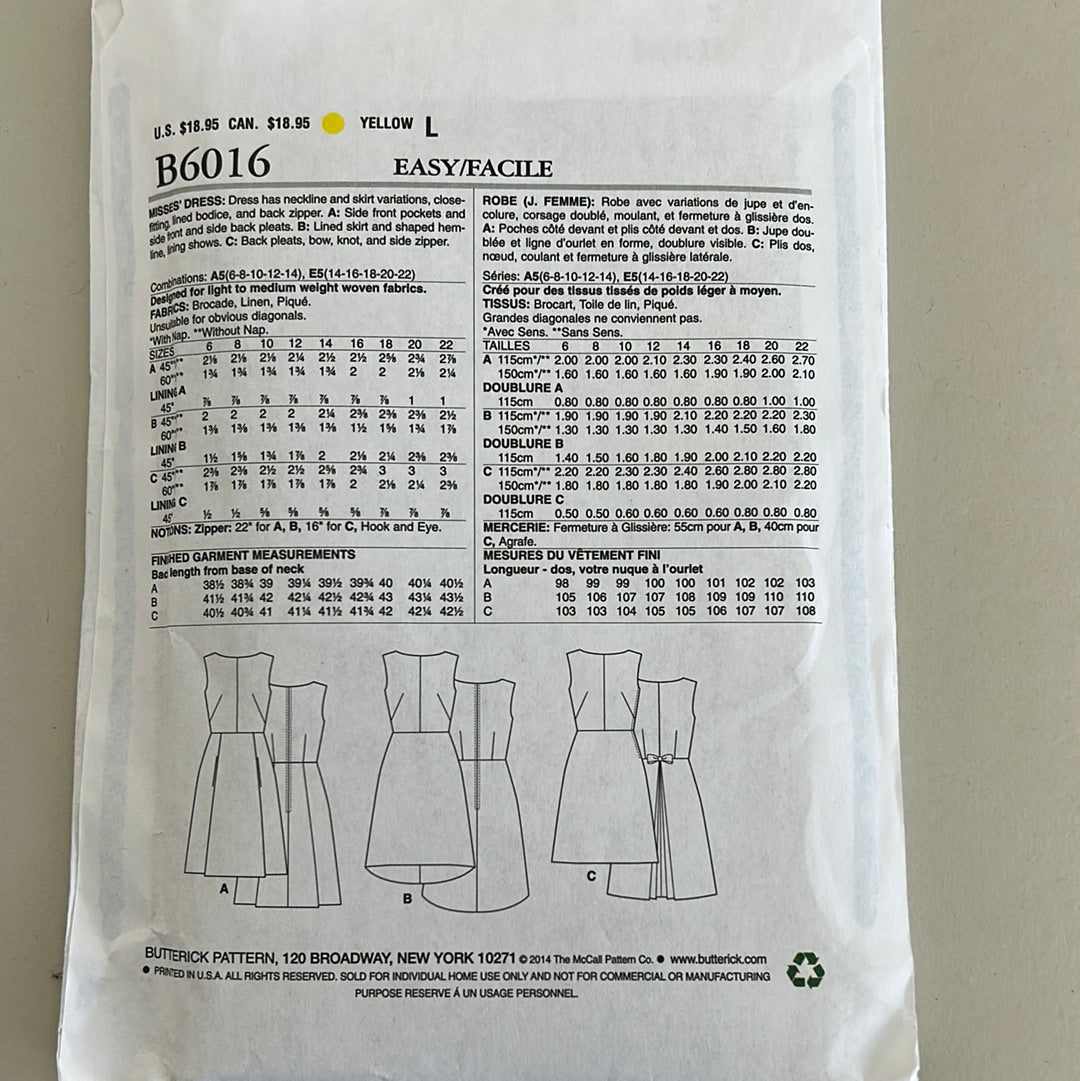 BUTTERICK Pattern, Misses' Dress (PBT6016) – Our Social Fabric