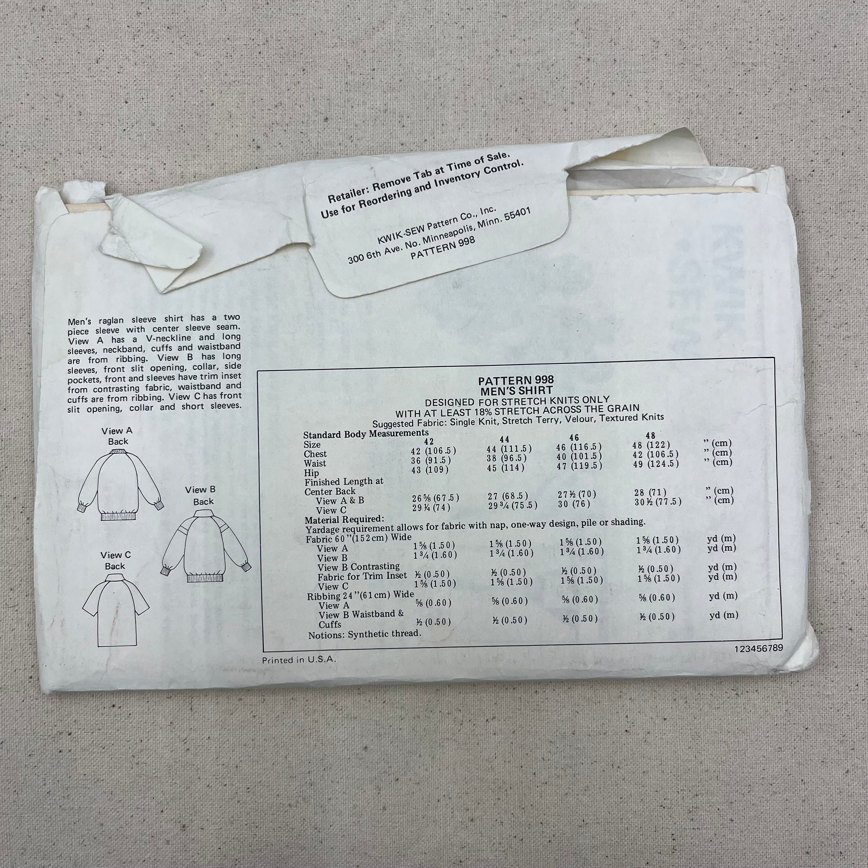 Kwik Sew Pattern - 998 Shirt (NPA0395)