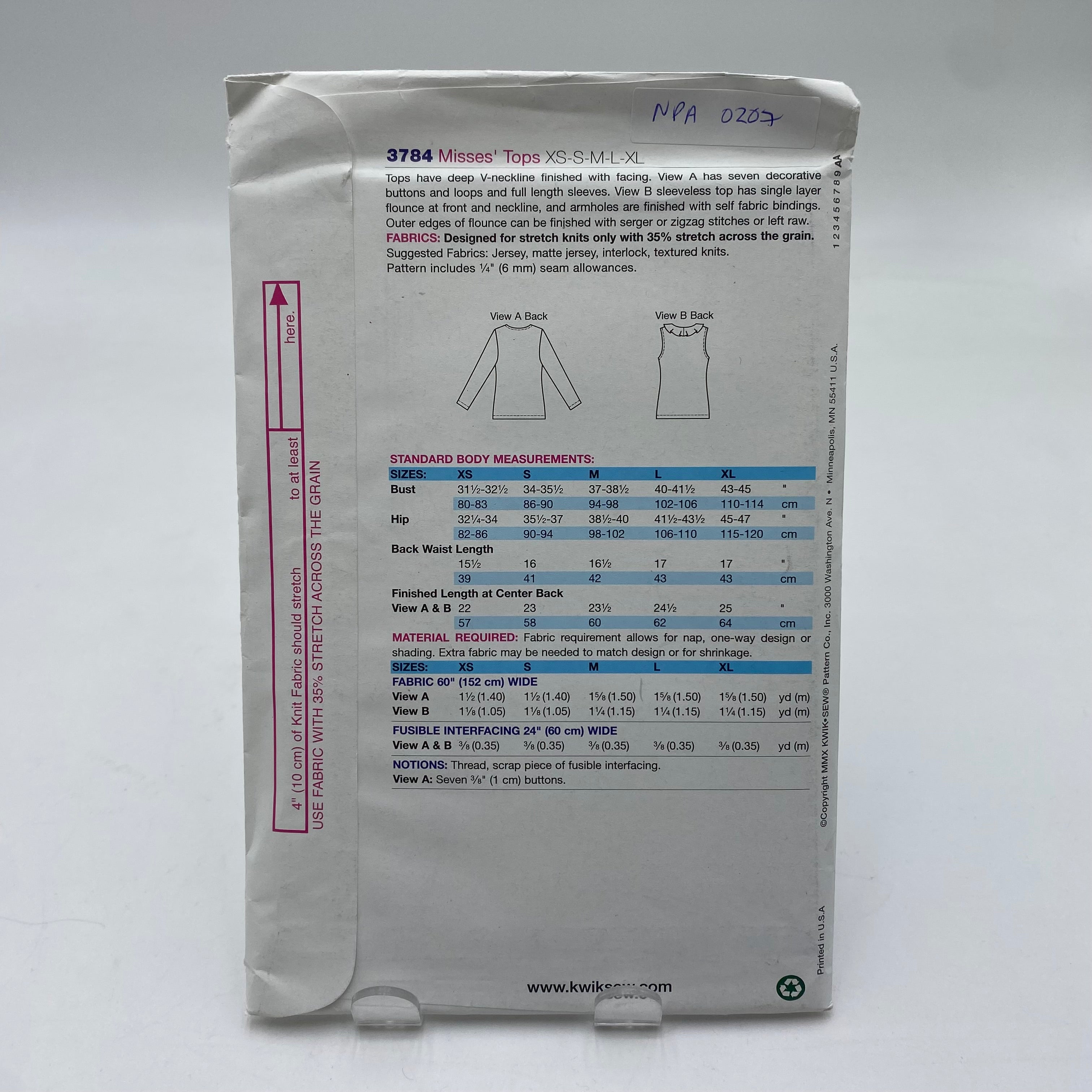Kwik-Sew Pattern - Misses' Tops 3784 (NPA0207)