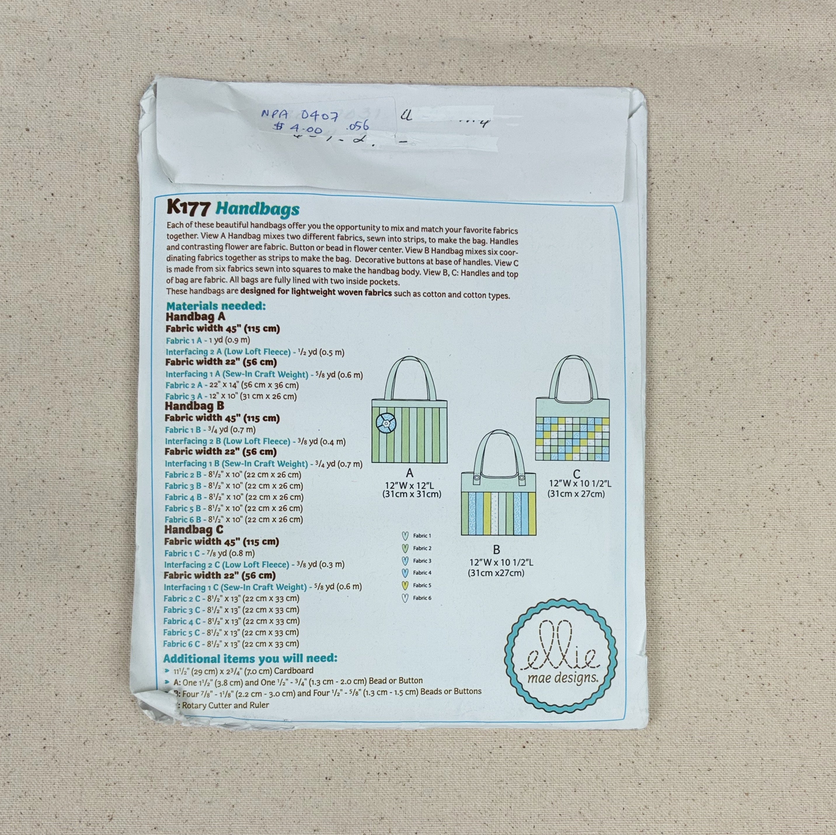 Bag Making Pattern - Ellie Mae Designs K177 (NPA0456)