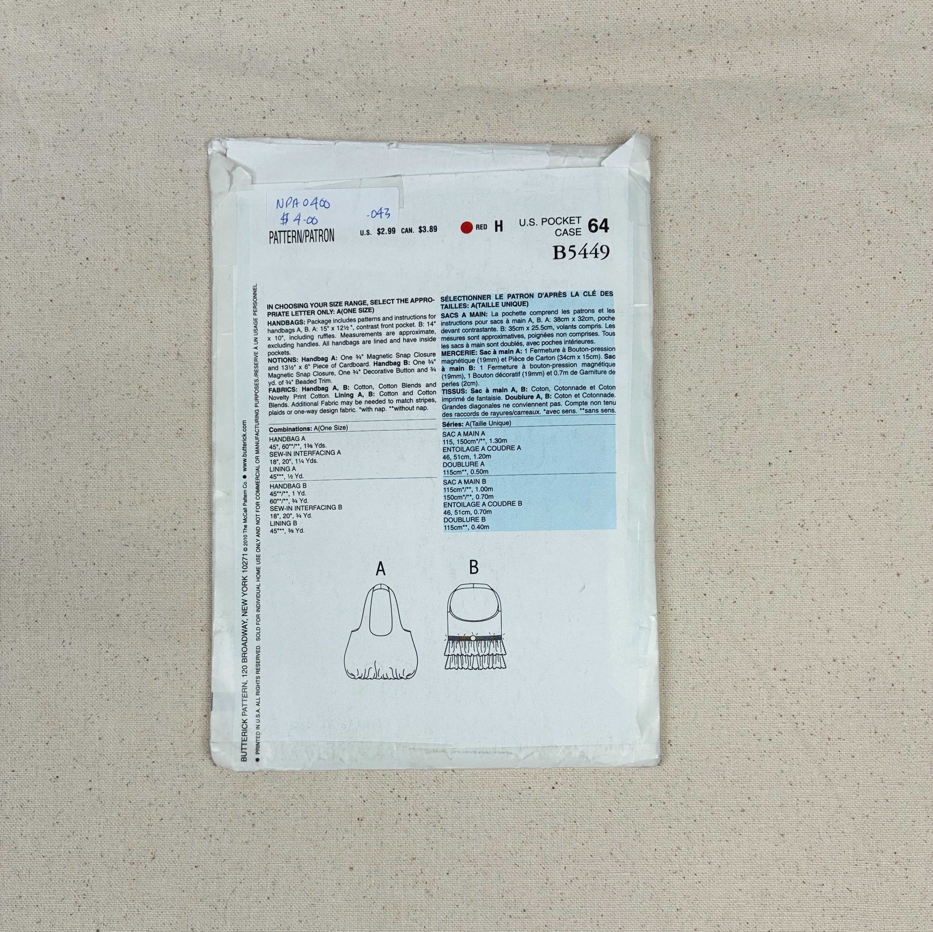 Bag Making Pattern - See & Sew B5449 (NPA0449)