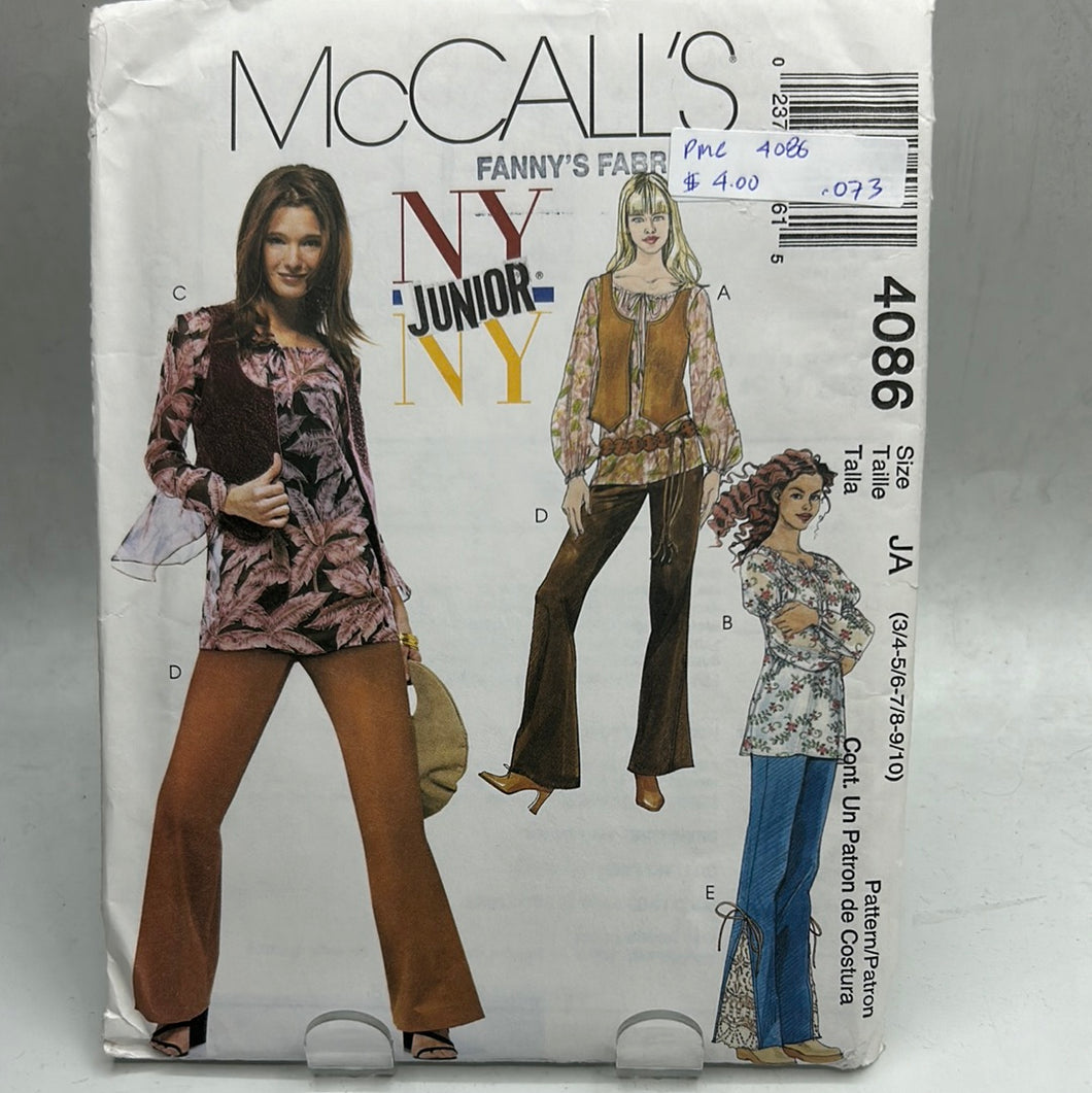 MCCALL'S Pattern, Junior's Tops, Lined Vest and Pants (PMC4086)