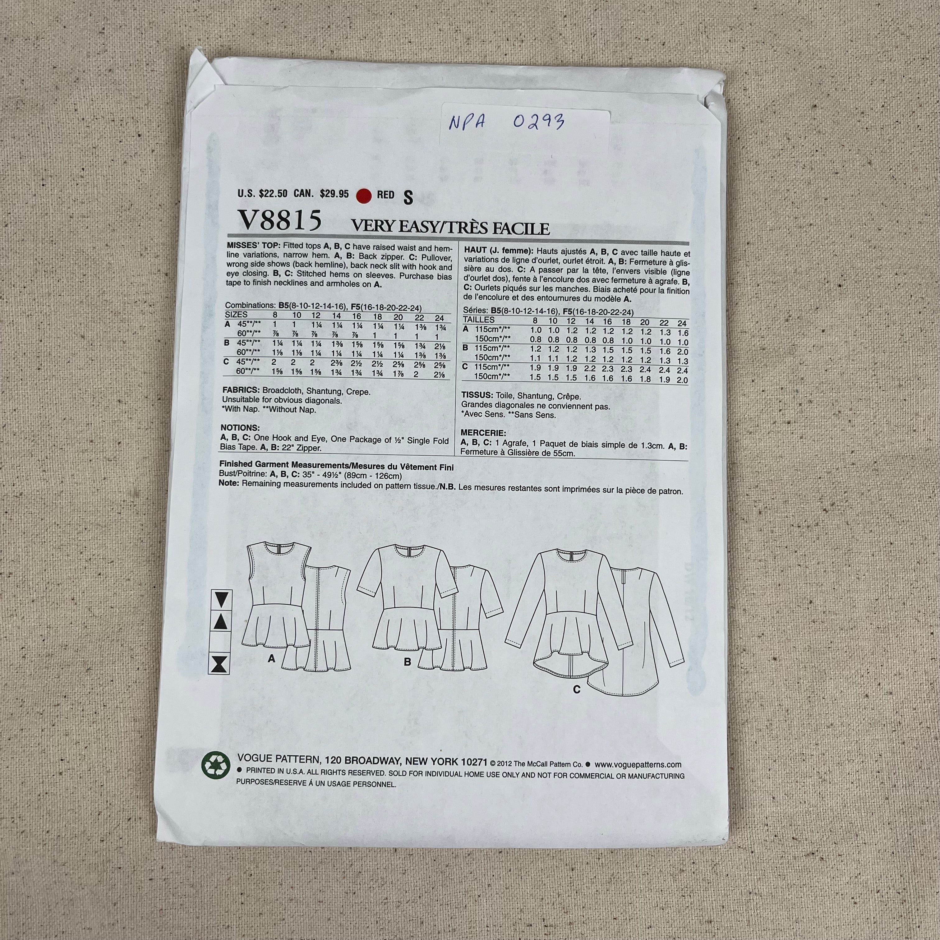 Vogue Pattern - V8815 Top (NPA0293)