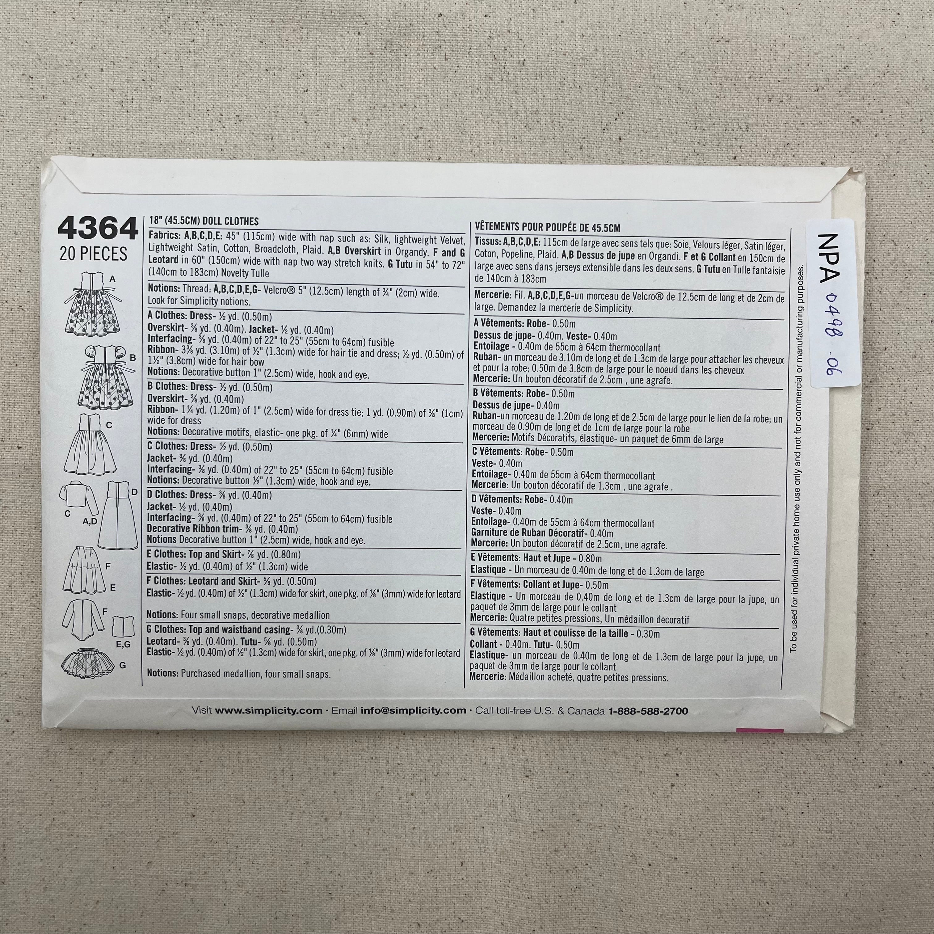 Simplicity Pattern - 4364 Doll Clothes (NPA0498)