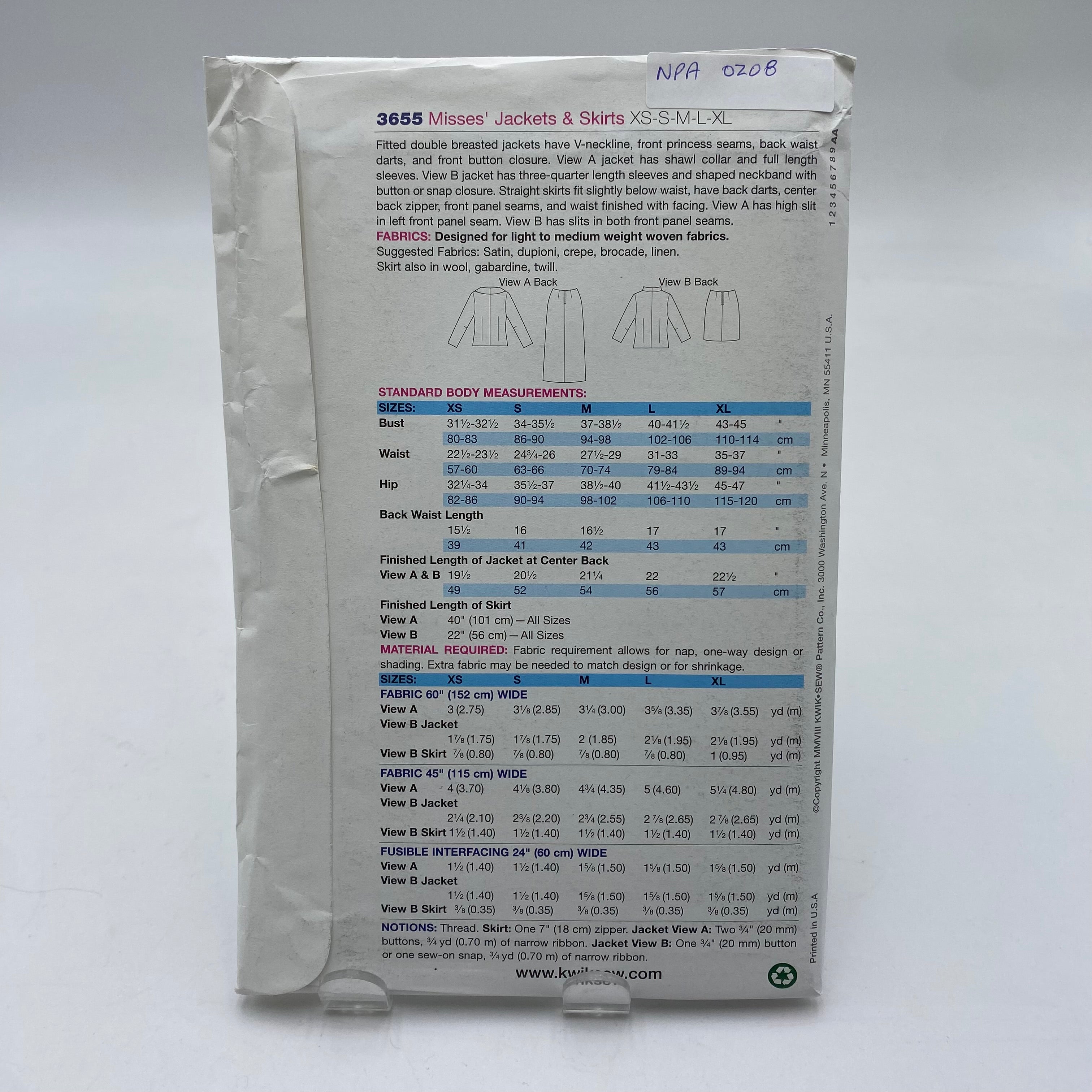 Kwik-Sew Pattern - Misses' Jackets and Skirts 3655 (NPA0208)