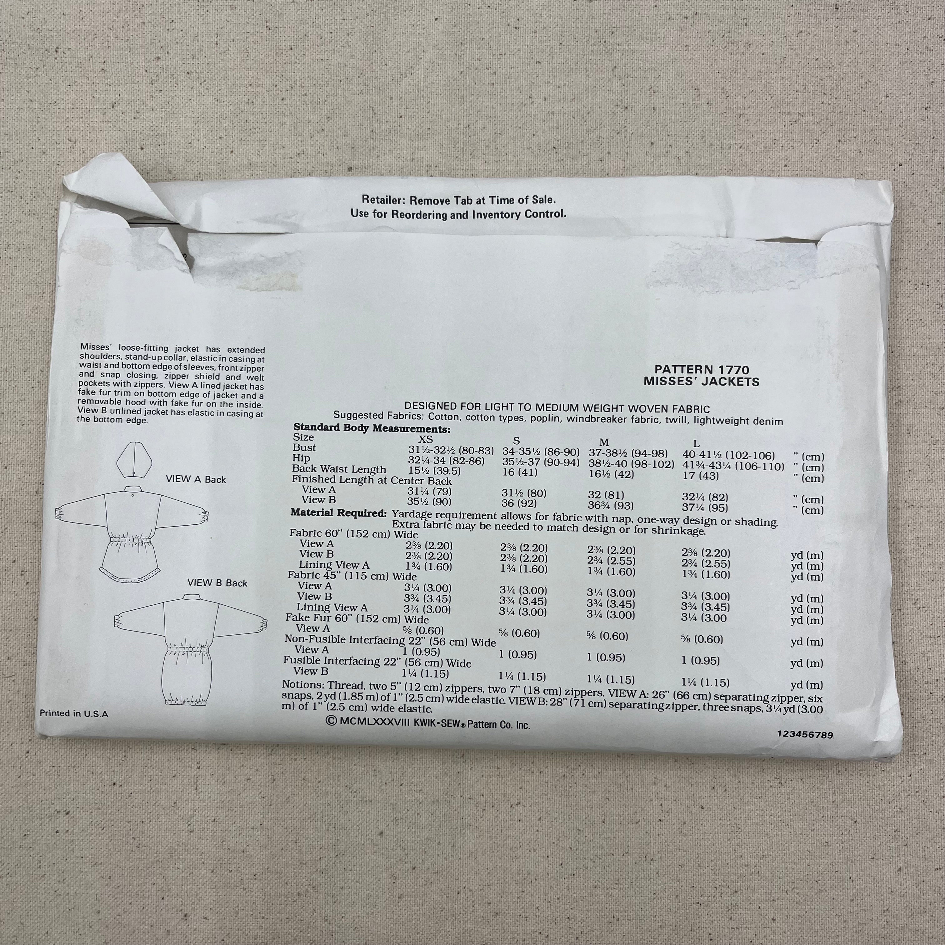 Kwik Sew Pattern - 1770 Jackets (NPA0411)
