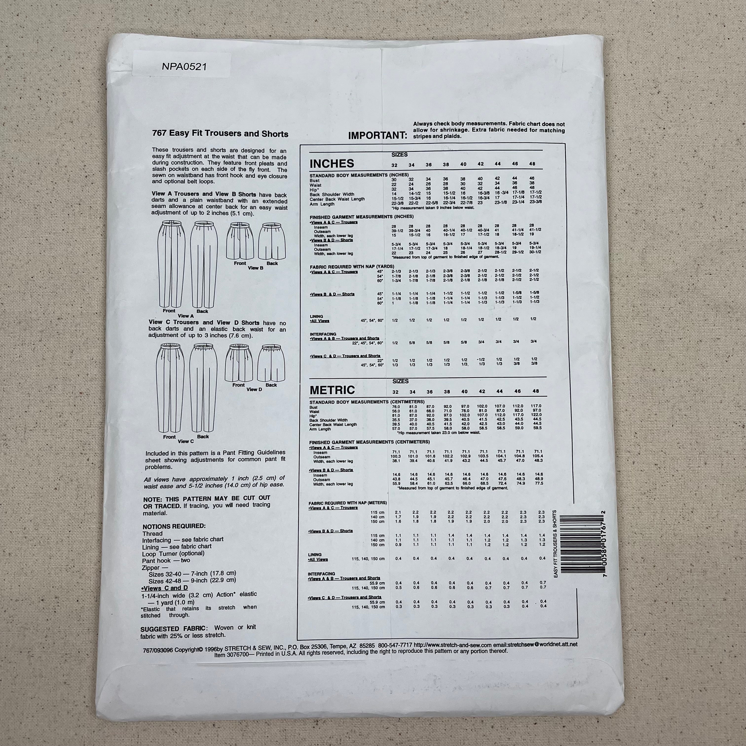 Stretch & Sew Pattern - 767 Easy Fit Trousers & Shorts (NPA0521)