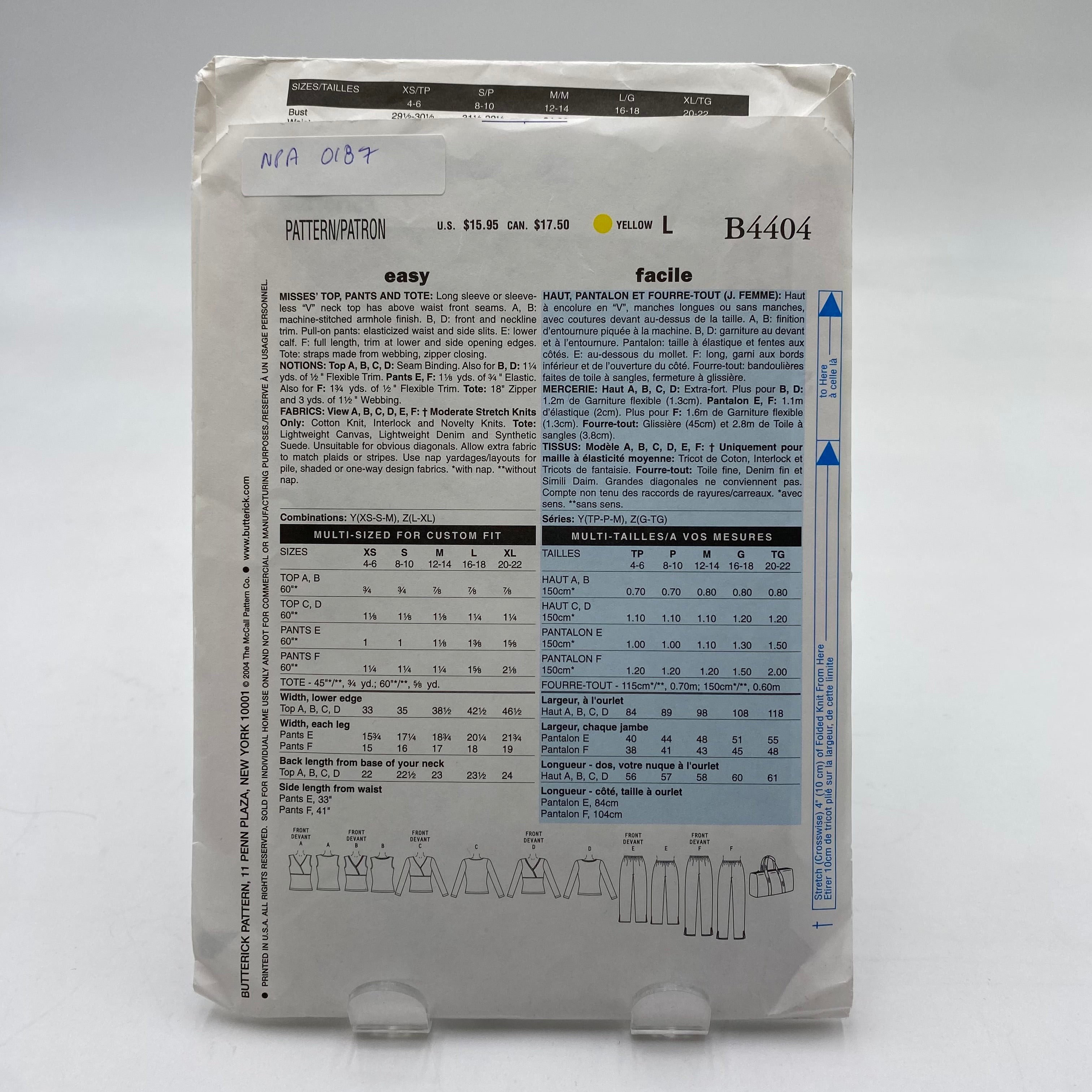 Butterick Pattern - Misses' Petite Top, Pants and Tote B4404 (NPA0187)