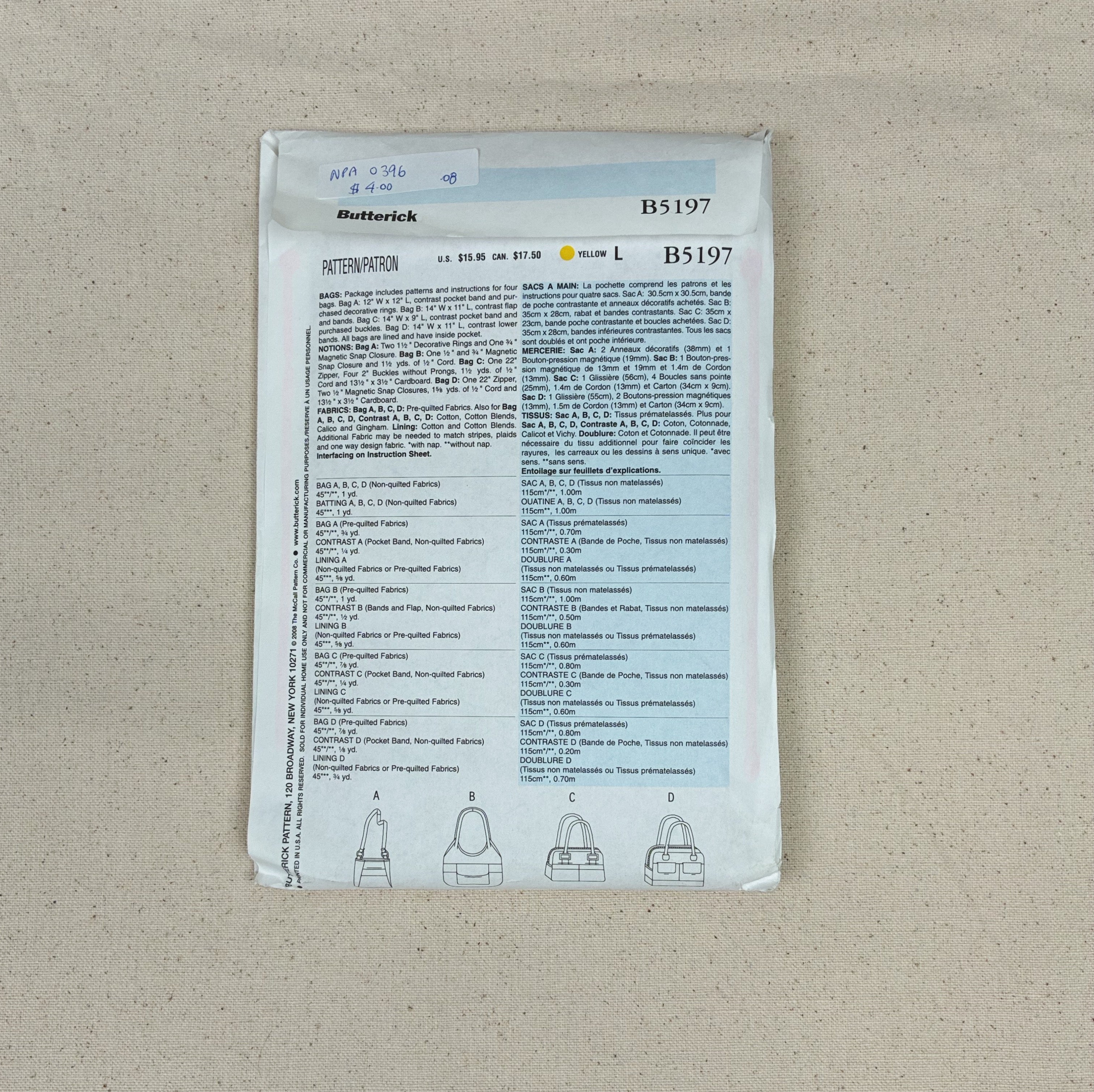 Bag Making Pattern - Butterick B5197 (NPA0445)