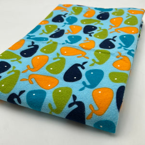 Cotton Flannelette, Blue with Coloured Whales (WFL0284)