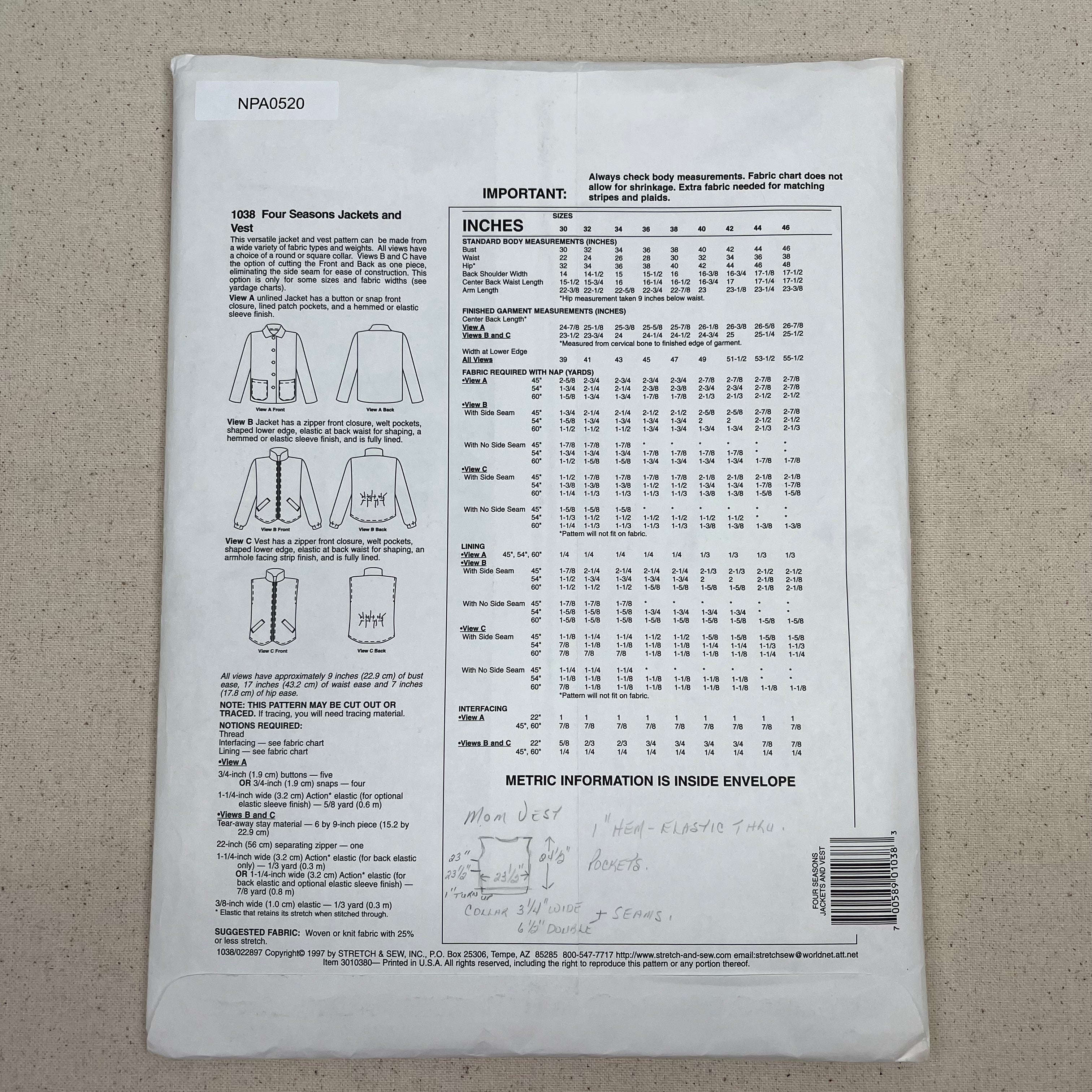 Stretch & Sew Pattern - 1038 Four Seasons Jackets & Vest (NPA0520)