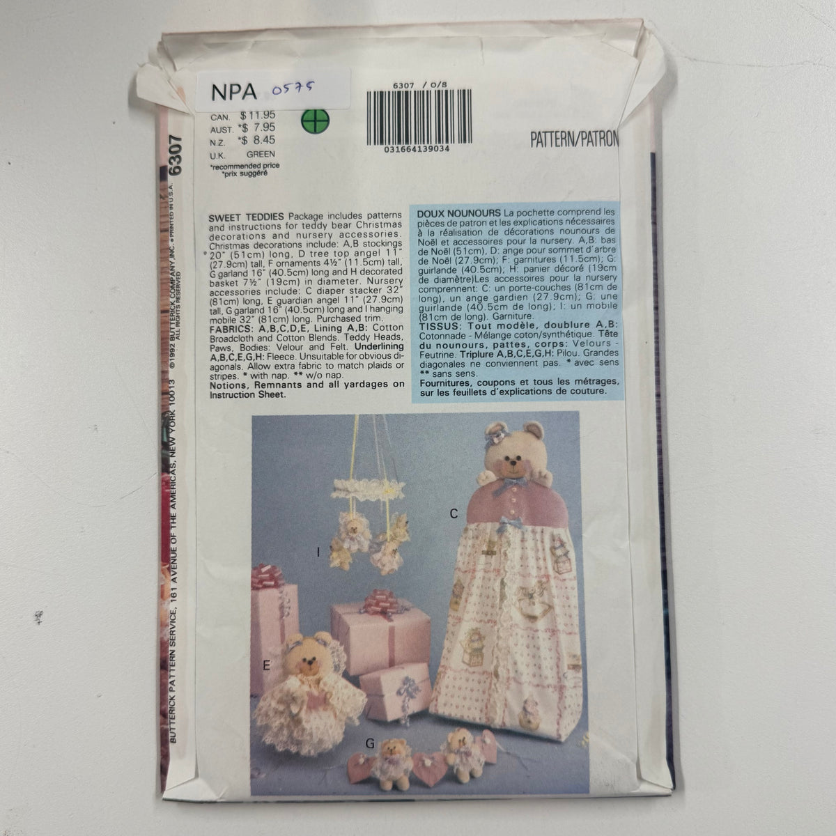 Butterick Craft Pattern - 6307 Sweet Teddies (NPA0575)