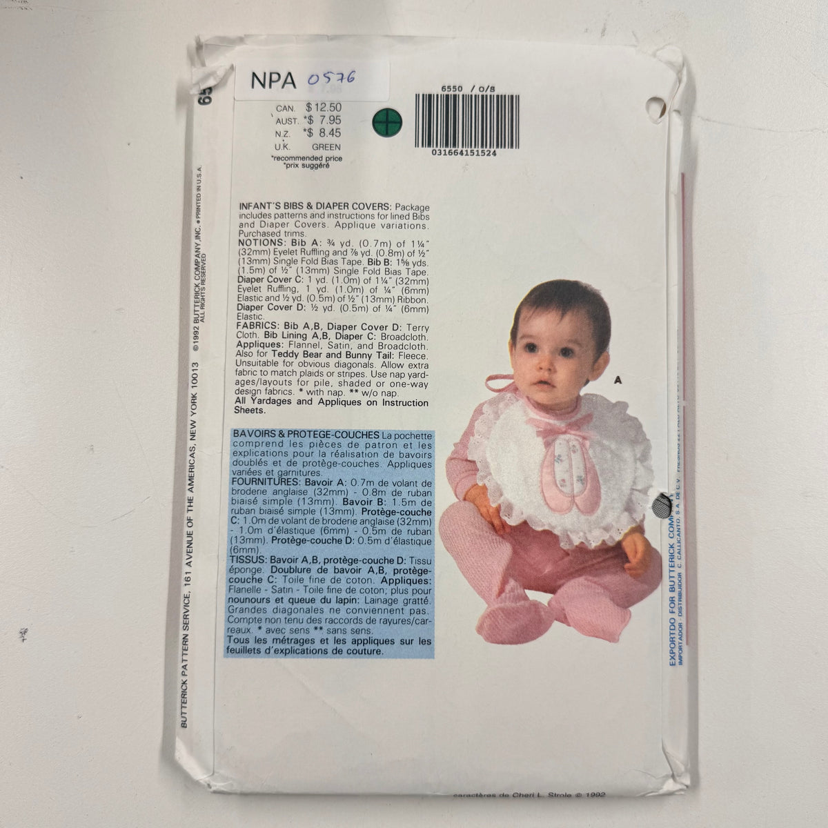 Butterick Craft Pattern - 6550 Bibs & Diaper Covers (NPA0576)