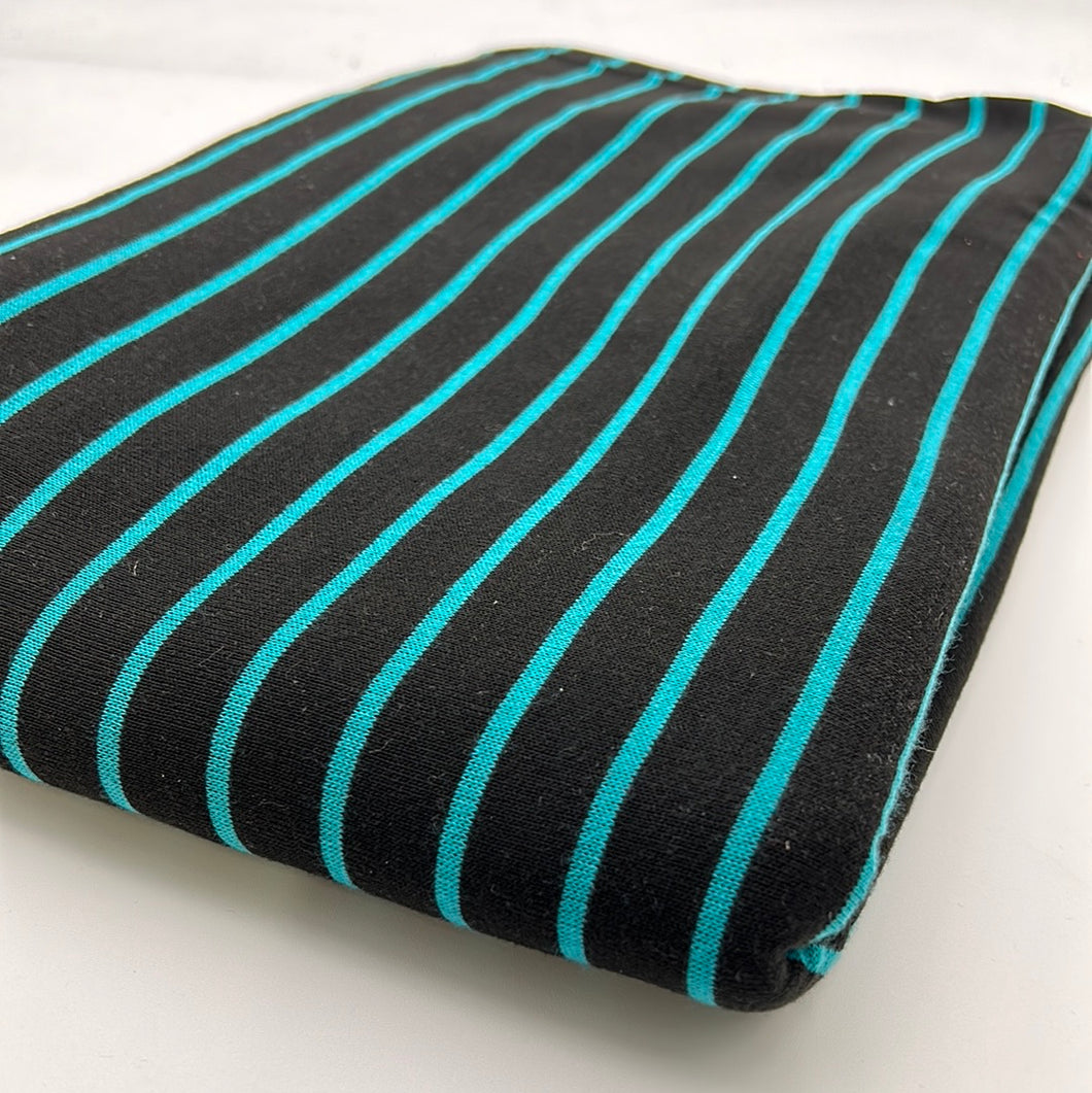 Cotton Jersey Knit, Black with Teal Stripes (KJE0927)