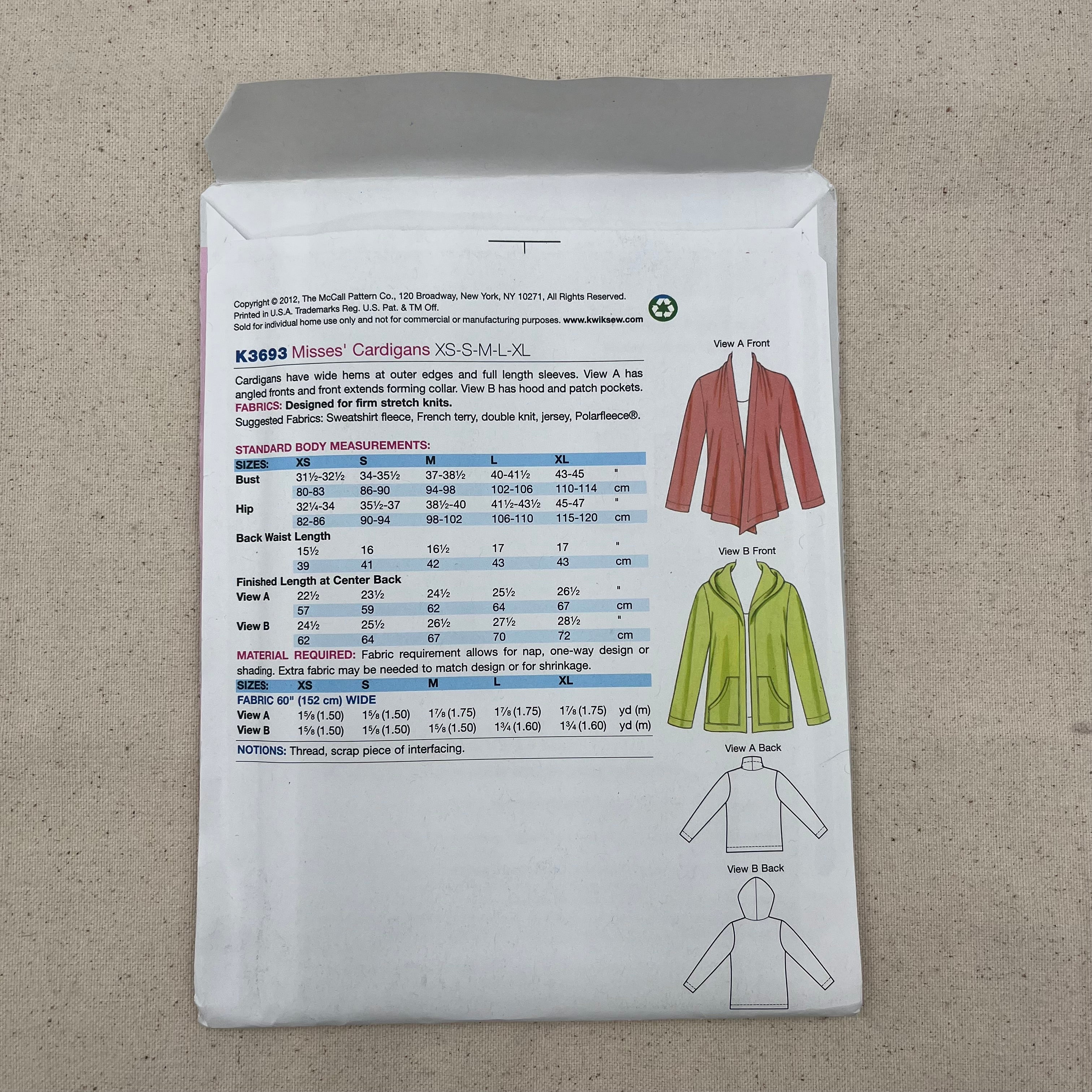 Kwik Sew Pattern - K3693 Cardigans (NPA0442)